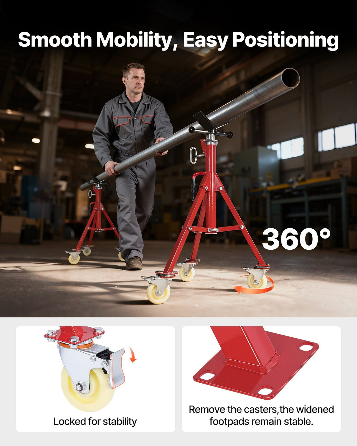 Pipe Stand, V Head Pipe Jack Stand Adjustable Height 20-37 Inch, 2500LBS Pipe Jack Stands with Casters, Folding Portable Pipe Stands for 1/8 to 12 Inch Pipe Supporting