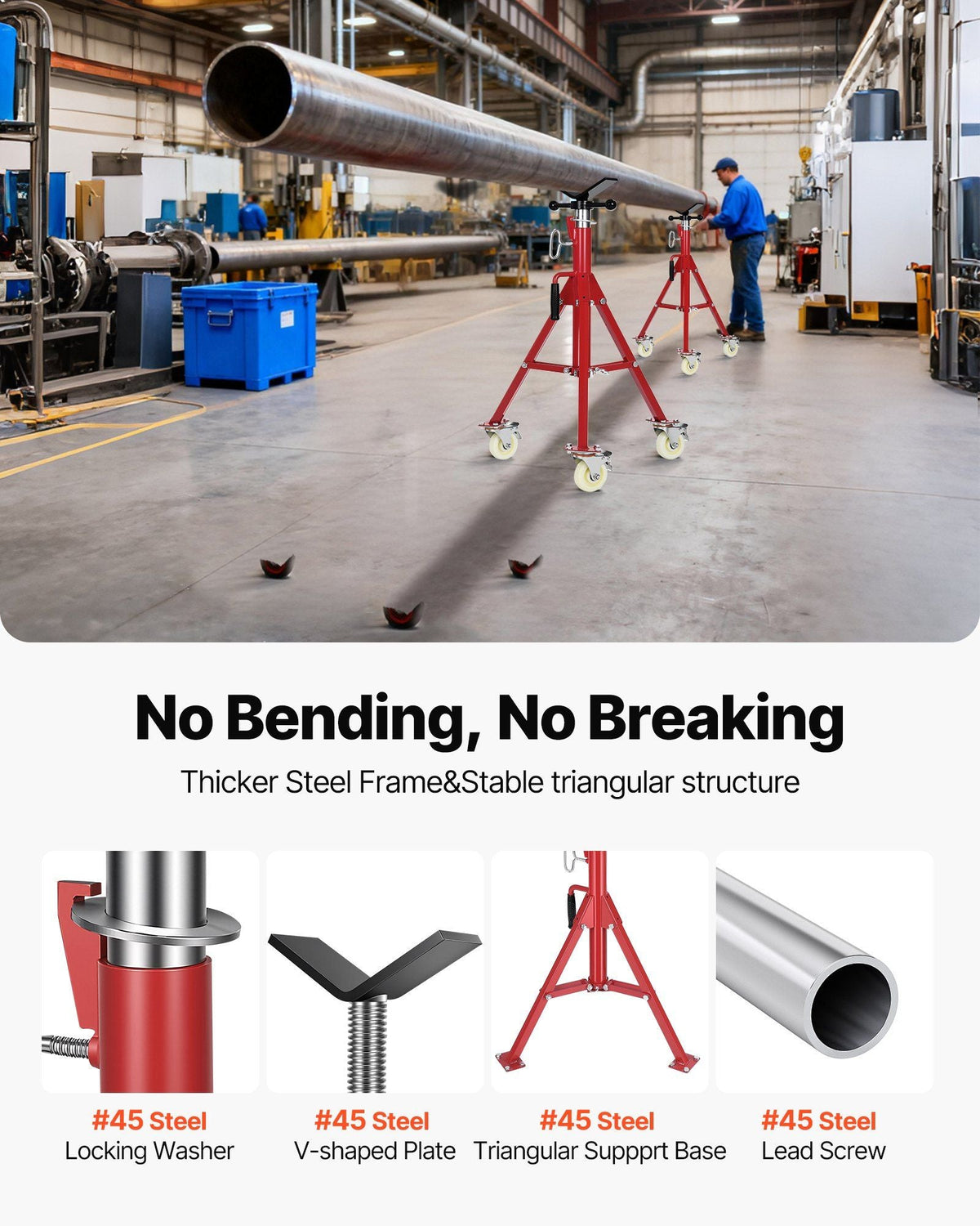 Pipe Stand, V Head Pipe Jack Stand Adjustable Height 20-37 Inch, 2500LBS Pipe Jack Stands with Casters, Folding Portable Pipe Stands for 1/8 to 12 Inch Pipe Supporting