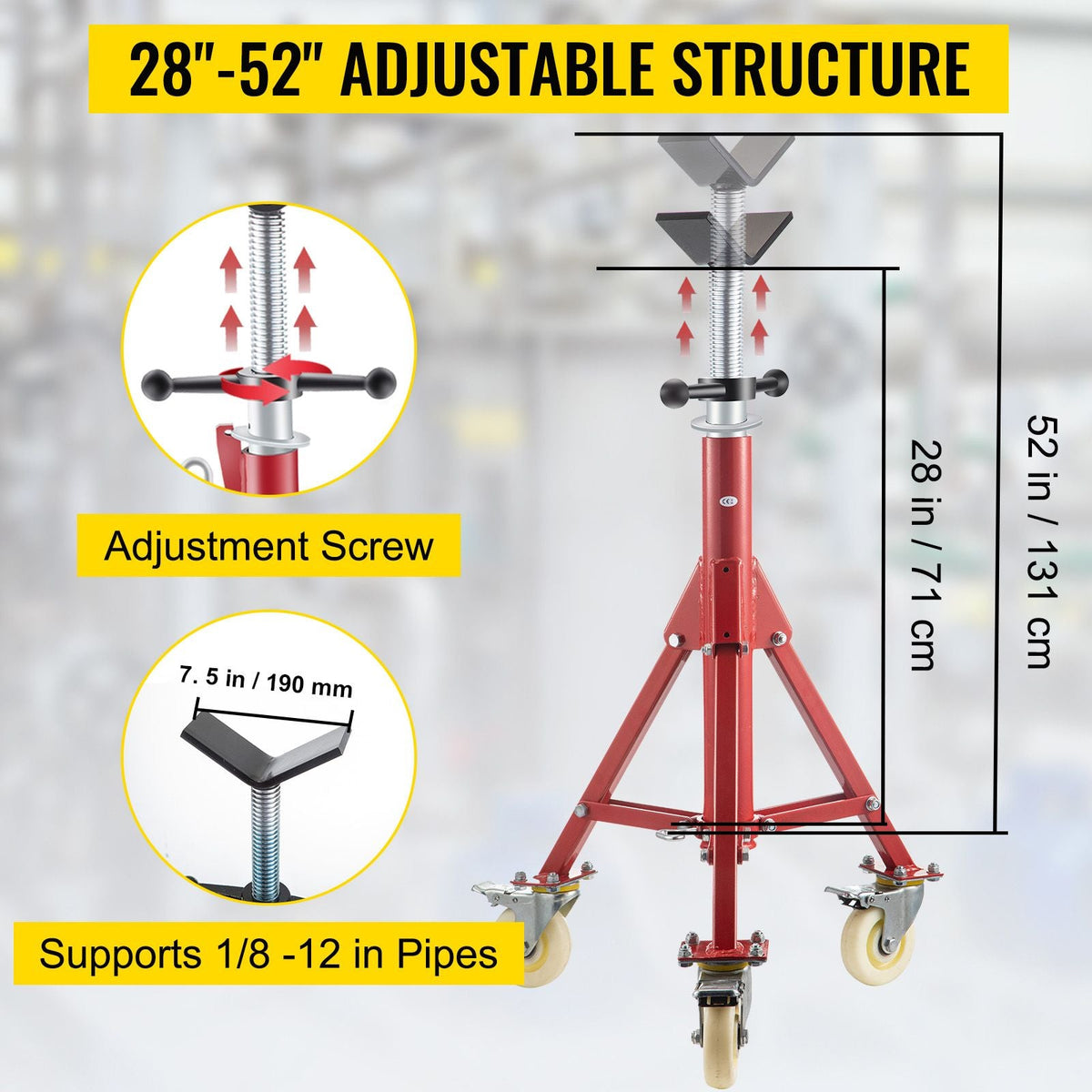 Pipe Stand, V Head Pipe Jack Stand Adjustable Height 28-52 Inch, 2500LBS Pipe Jack Stands with Casters, Folding Portable Pipe Stands for 1/8 to 12 Inch Pipe Supporting