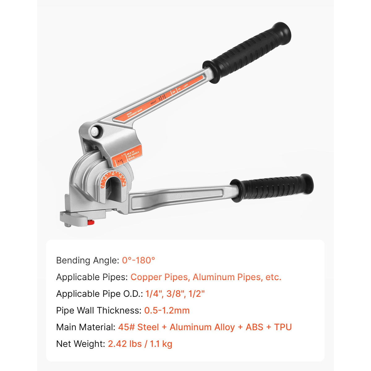 Pipe Tube Bender, 1/4", 3/8", 1/2" OD, 3 in 1 Manual Level Tube Bender, 180° Copper Aluminum Pipes Bending Tool for Automotive Repair, HVAC Air Conditioning