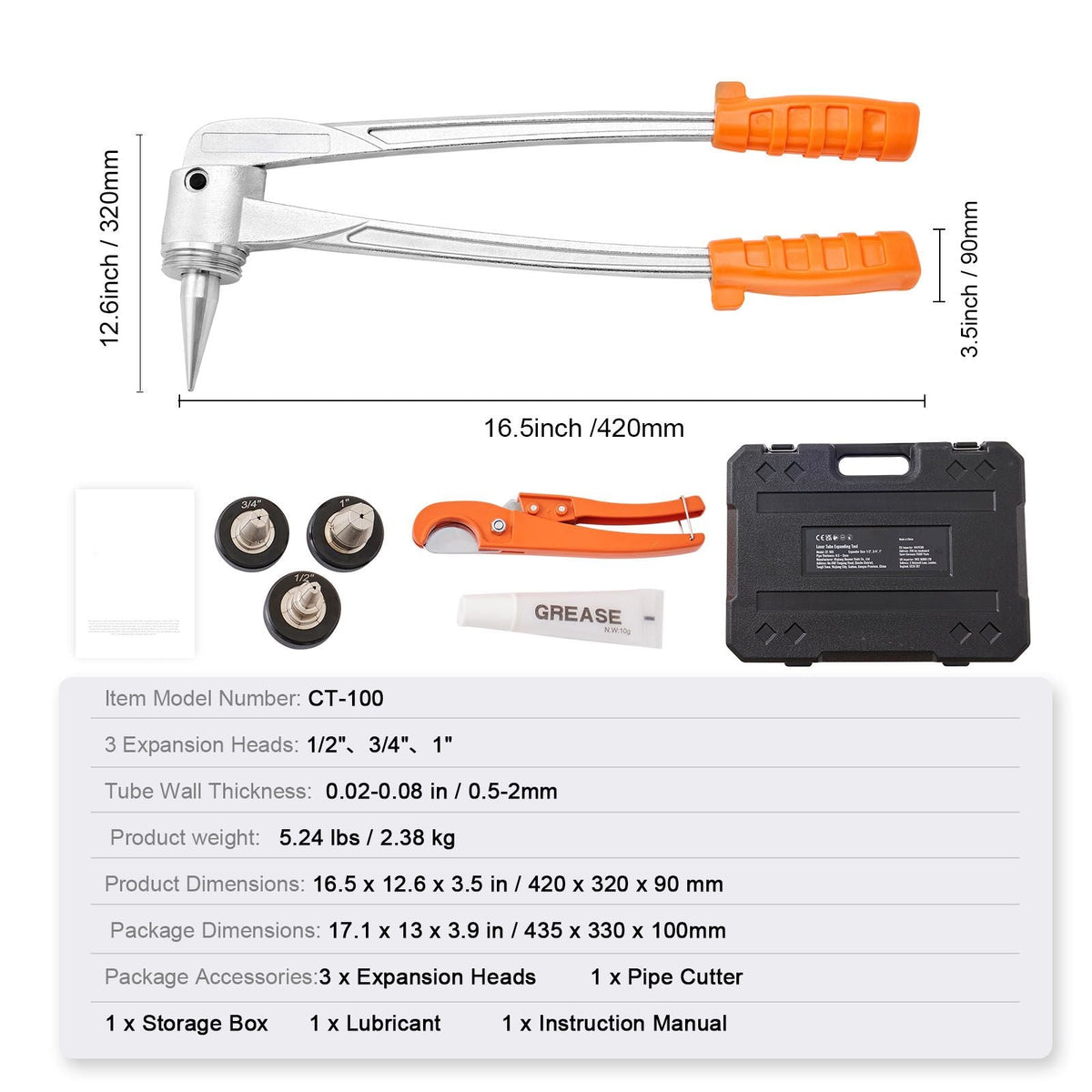 Pipe Tube Expander, 1/2", 3/4", 1" OD PEX Tubing Expander, Professional Manual Lever PEX Tools Expander, with 3 Expansion Heads, Pipe Cutter for PEX Tubes