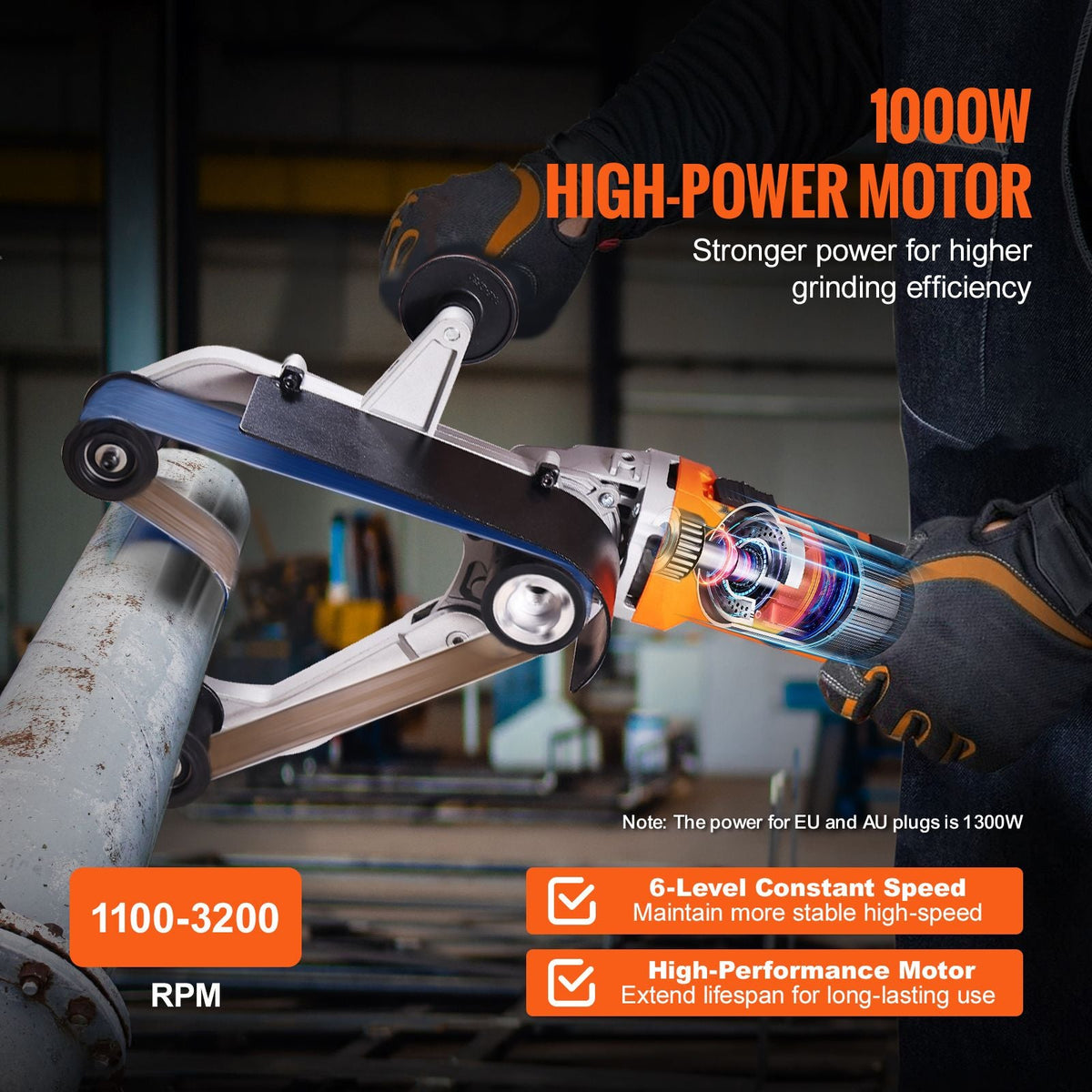 Pipe Tube Polisher Sander, 1000W Pipe Belt Sander with 6 Variable Speeds 1100-3200rpm, Professional Belt Sander Grinding Machine with 100PCS Sanding Belts for Burnishing Finishing Rust Removal