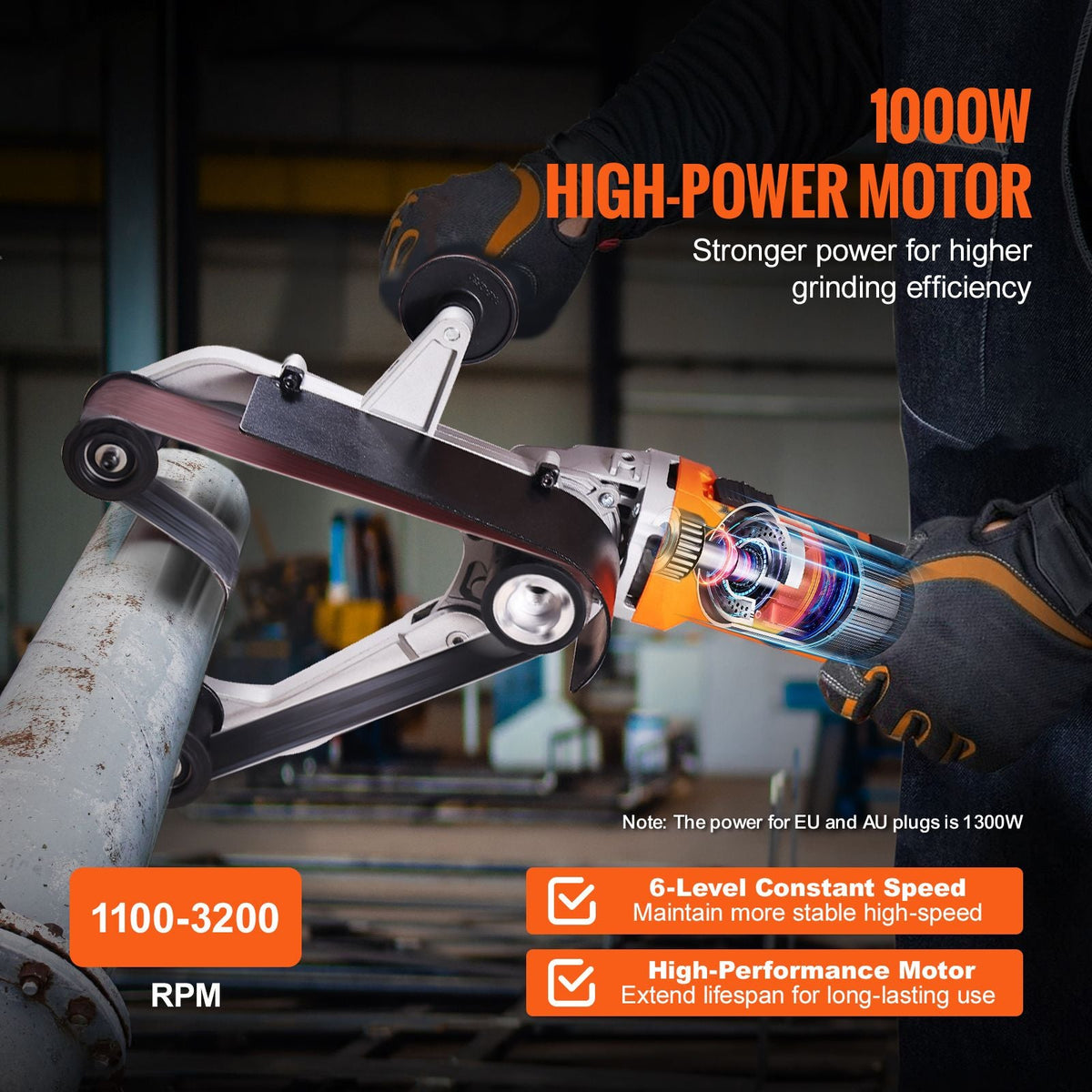 Pipe Tube Polisher Sander, 1000W Pipe Belt Sander with 6 Variable Speeds 1100-3200rpm, Professional Belt Sander Grinding Machine with 3PCS Sanding Belts for Burnishing Finishing Rust Removal