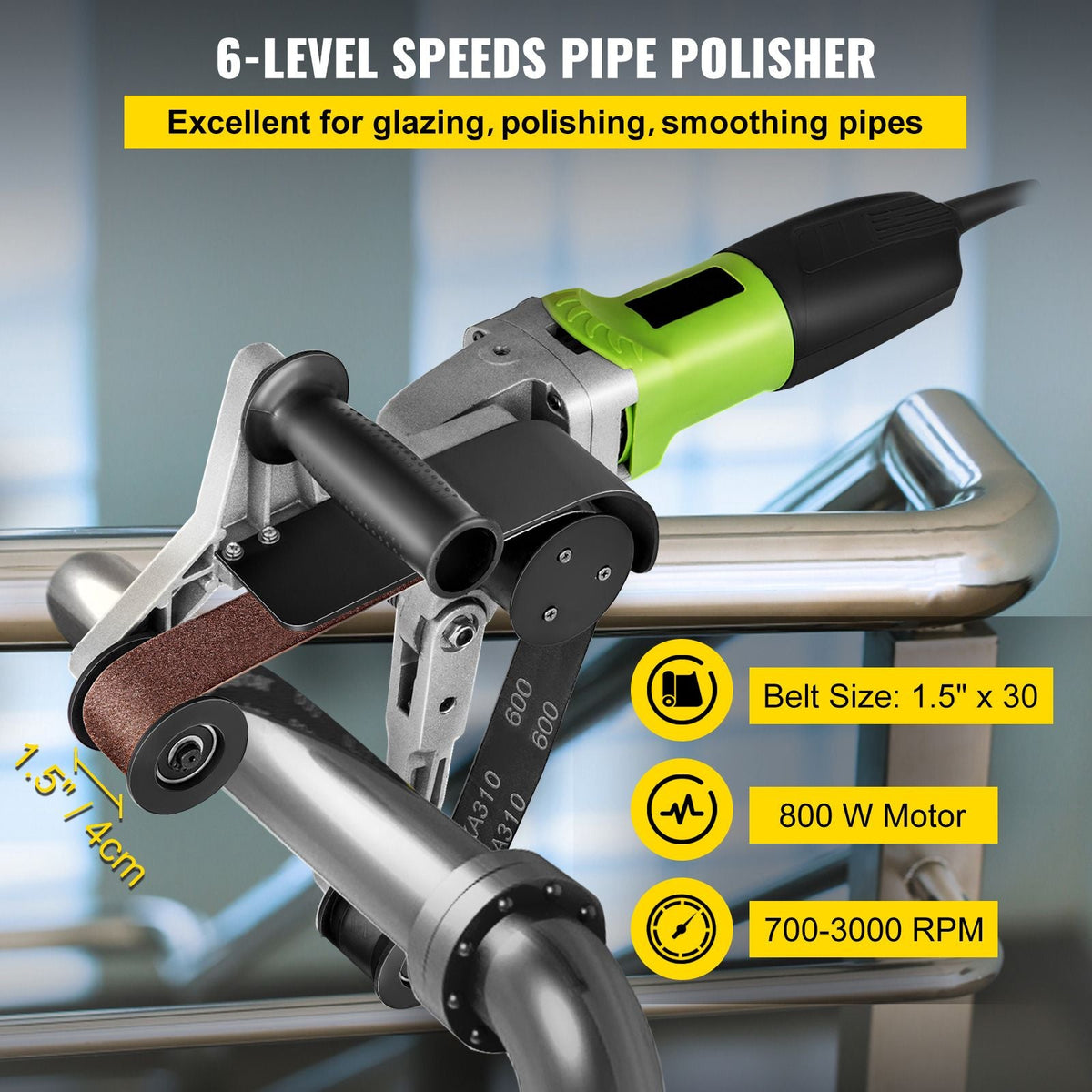 Pipe Tube Polisher Sander 7\"/180 mm Max Pipe Diameter,Sander Polisher Grinder 110V 800W,Professional Belt Sander Grinding Machine 6 Speeds Adjustable,for Burnishing Finishing Stainless Steel