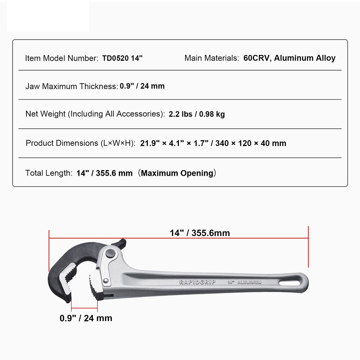 Pipe Wrench, 14" Aluminum Straight Pipe Wrench, Automatic Jaw Adjustment, Adjustable Plumbing Wrench, Easy to Carry, Ergonomic Handle, Hangable Design, for Water Pipes, Automotive Repairs