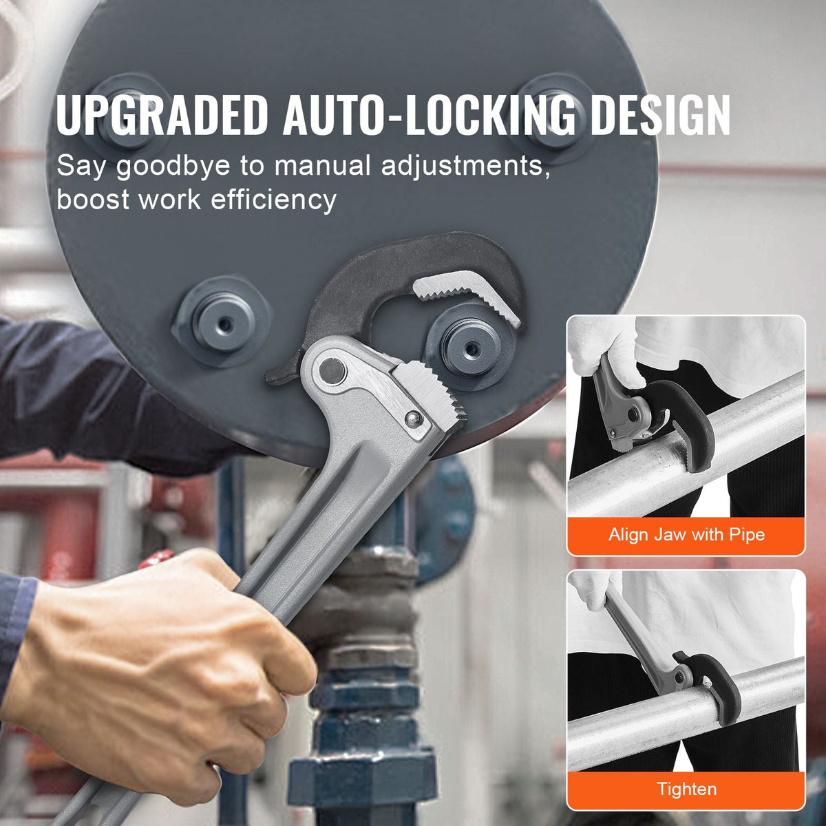 Pipe Wrench, 14" Aluminum Straight Pipe Wrench, Automatic Jaw Adjustment, Adjustable Plumbing Wrench, Easy to Carry, Ergonomic Handle, Hangable Design, for Water Pipes, Automotive Repairs