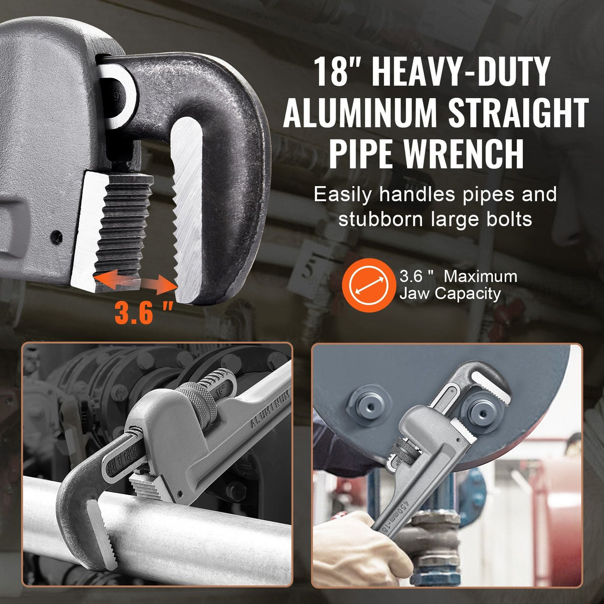 Pipe Wrench, 18" Aluminum Straight Pipe Wrench, Adjustable Plumbing Wrench, with High Strength Jaw and Ergonomic Handle, Easy to Carry, Hangable Design, for Water Pipes, Automotive Repairs