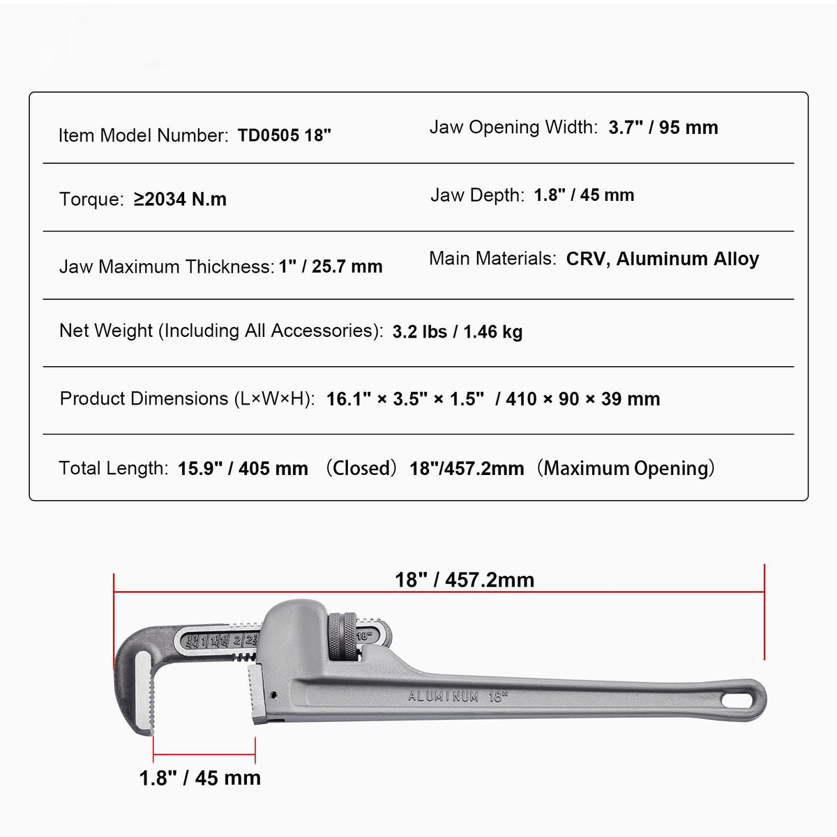 Pipe Wrench, 18" Aluminum Straight Pipe Wrench, Adjustable Plumbing Wrench, with High Strength Jaw and Ergonomic Handle, Easy to Carry, Hangable Design, for Water Pipes, Automotive Repairs