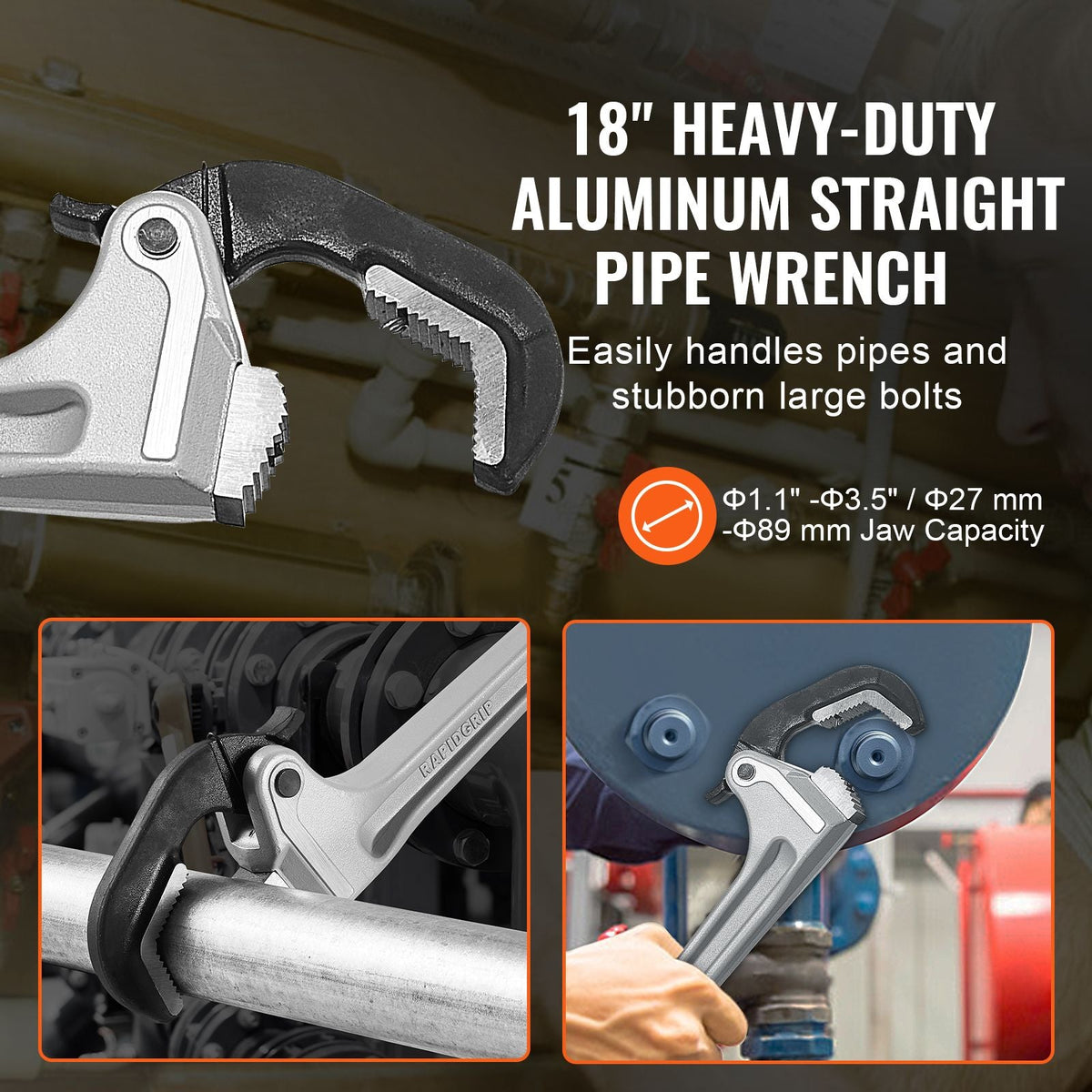Pipe Wrench, 18" Aluminum Straight Pipe Wrench, Automatic Jaw Adjustment, Adjustable Plumbing Wrench, Easy to Carry, Ergonomic Handle, Hangable Design, for Water Pipes, Automotive Repairs