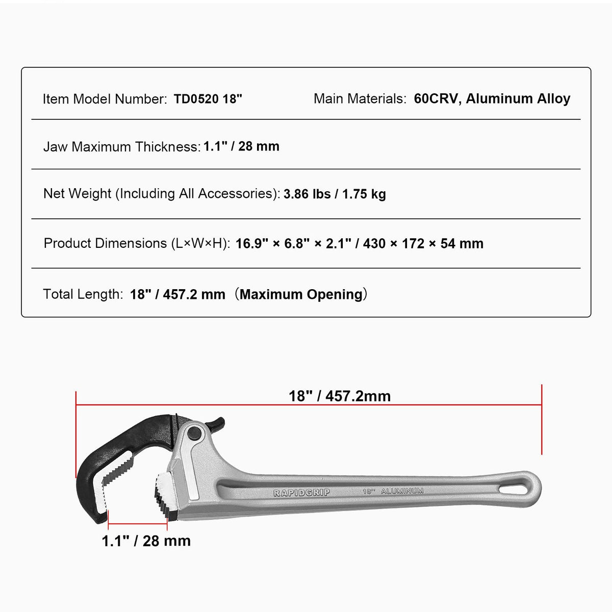 Pipe Wrench, 18" Aluminum Straight Pipe Wrench, Automatic Jaw Adjustment, Adjustable Plumbing Wrench, Easy to Carry, Ergonomic Handle, Hangable Design, for Water Pipes, Automotive Repairs