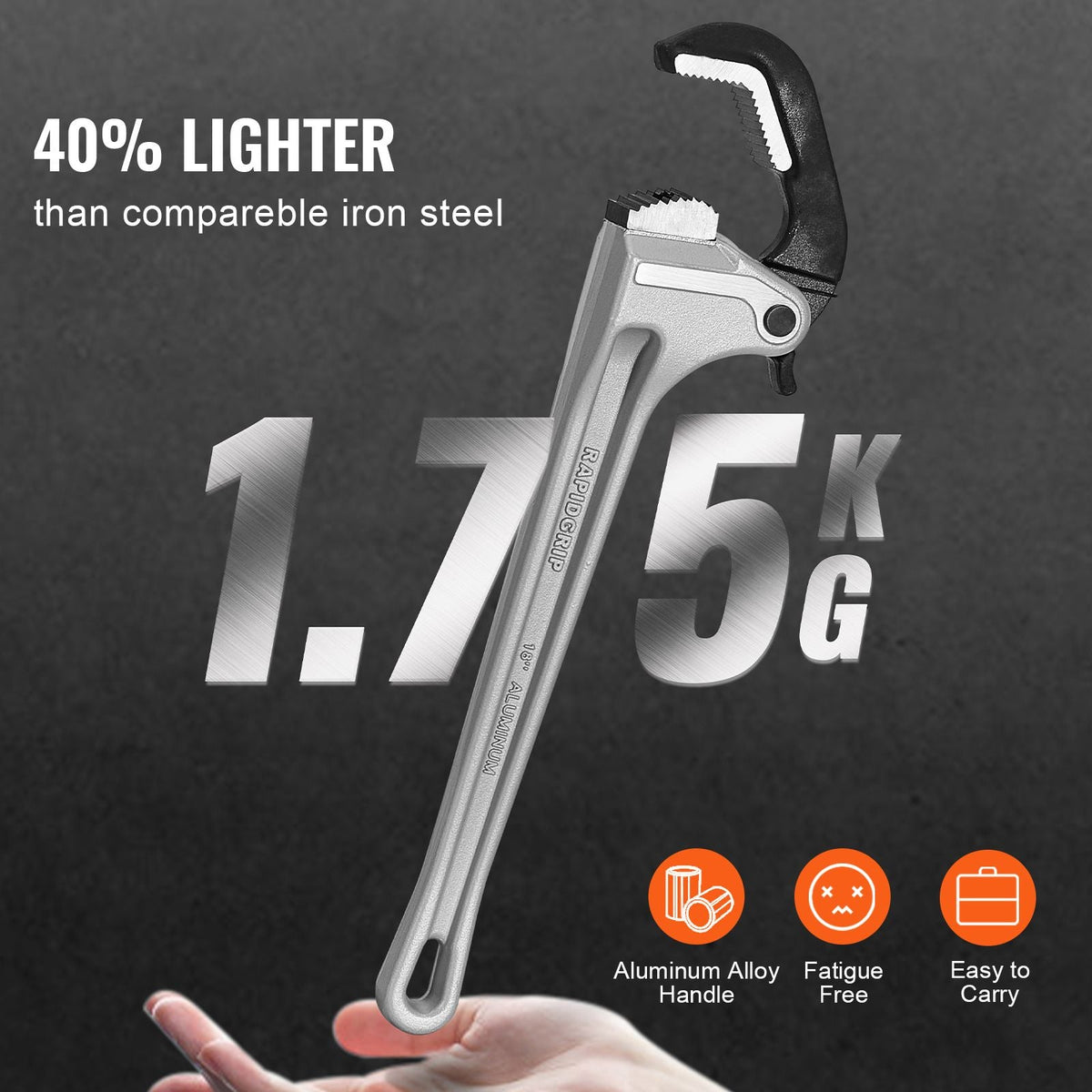 Pipe Wrench, 18" Aluminum Straight Pipe Wrench, Automatic Jaw Adjustment, Adjustable Plumbing Wrench, Easy to Carry, Ergonomic Handle, Hangable Design, for Water Pipes, Automotive Repairs
