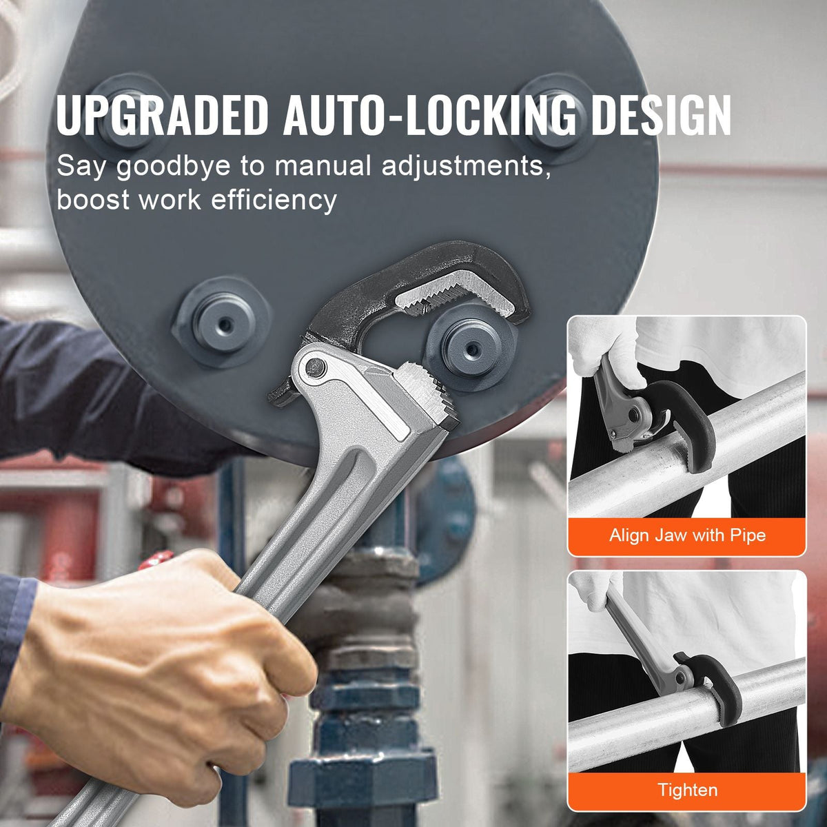Pipe Wrench, 18" Aluminum Straight Pipe Wrench, Automatic Jaw Adjustment, Adjustable Plumbing Wrench, Easy to Carry, Ergonomic Handle, Hangable Design, for Water Pipes, Automotive Repairs