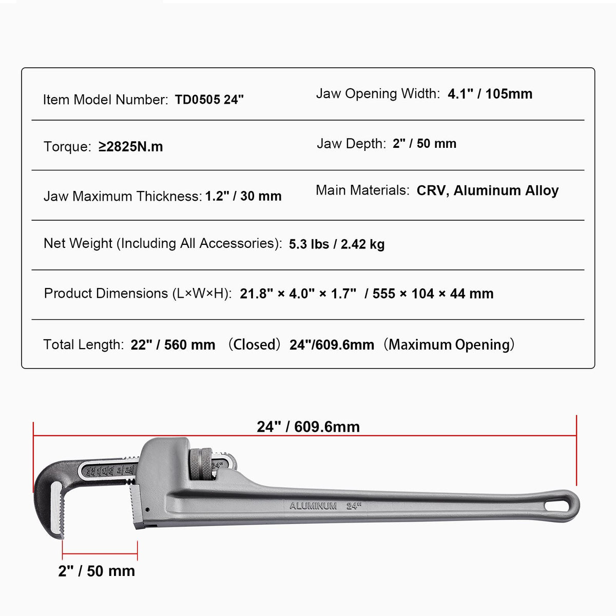 Pipe Wrench, 24" Aluminum Straight Pipe Wrench, Adjustable Plumbing Wrench, with High Strength Jaw and Ergonomic Handle, Easy to Carry, Hangable Design, for Water Pipes, Automotive Repairs