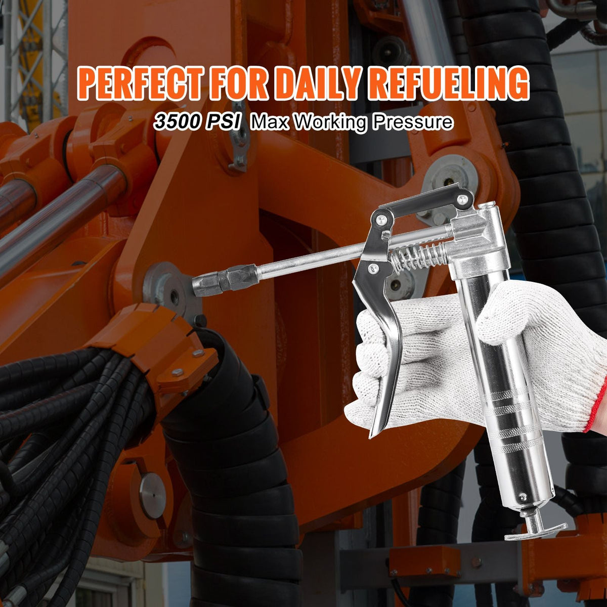 Pistol Grip Grease Gun, 3500 PSI, 4 OZ / 120 CC Capacity Heavy Duty Professional Grease Gun, with 11.65 Inch Flexible Hose 2 Black Flat Couplers, 1 Reinforced Nozzle, and 2 Rigid Metal Pipes