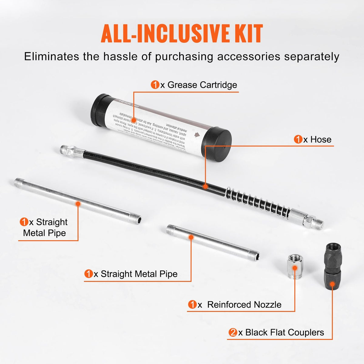 Pistol Grip Grease Gun, 3500 PSI, 4 OZ / 120 CC Capacity Heavy Duty Professional Grease Gun, with 11.65 Inch Flexible Hose 2 Black Flat Couplers, 1 Reinforced Nozzle, and 2 Rigid Metal Pipes