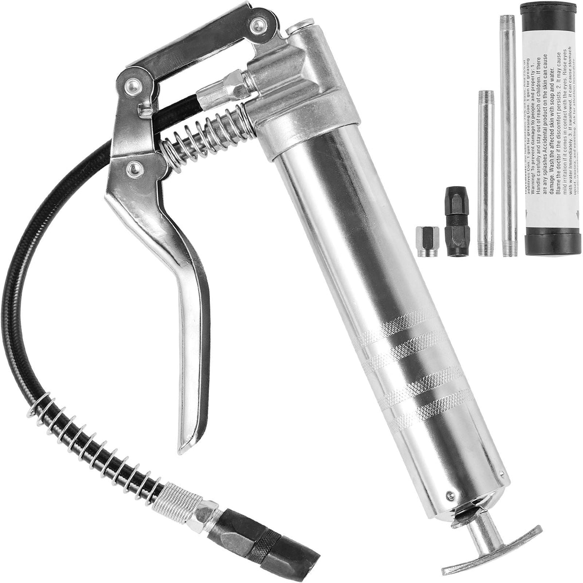 Pistol Grip Grease Gun, 3500 PSI, 4 OZ / 120 CC Capacity Heavy Duty Professional Grease Gun, with 11.65 Inch Flexible Hose 2 Black Flat Couplers, 1 Reinforced Nozzle, and 2 Rigid Metal Pipes