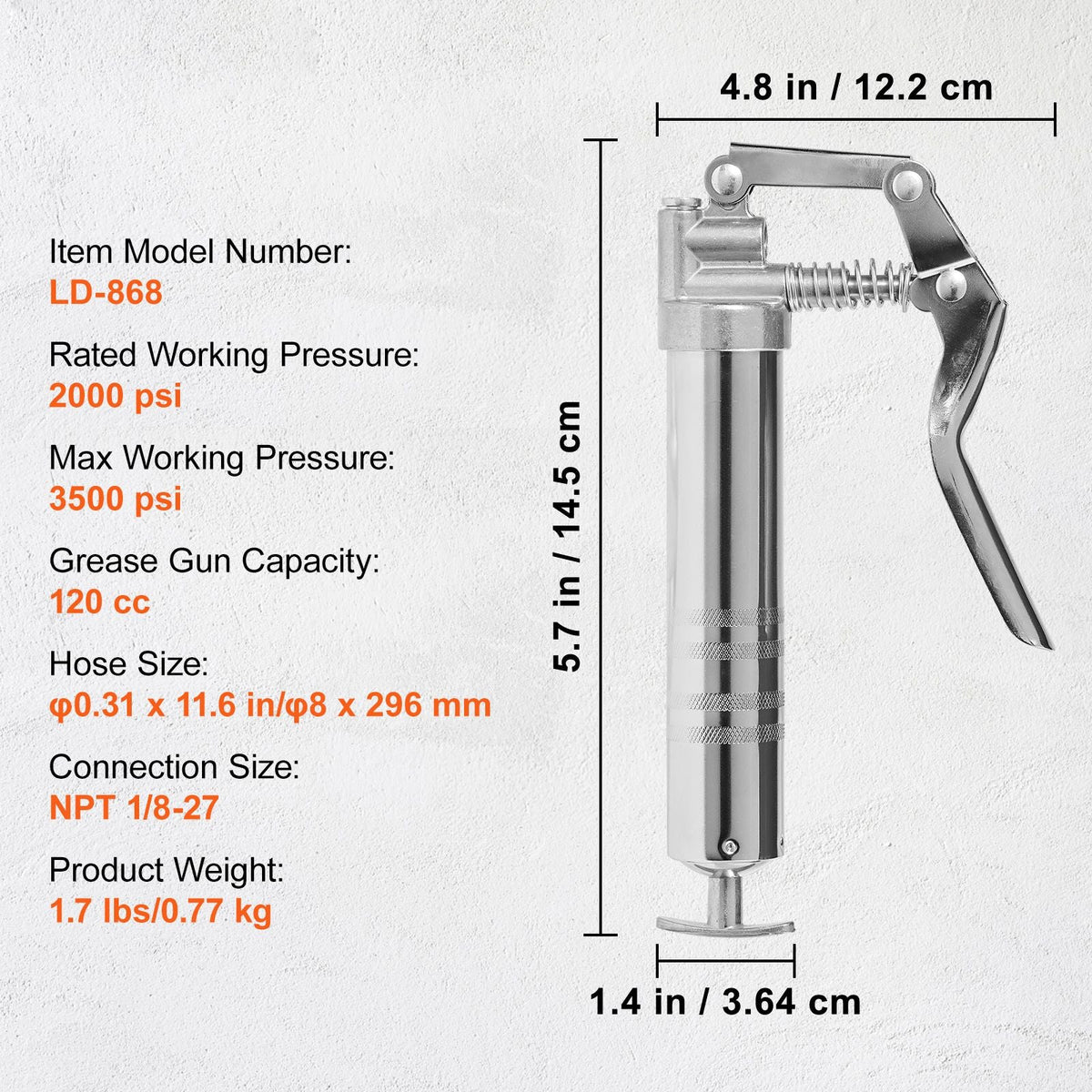 Pistol Grip Grease Gun, 3500 PSI, 4 OZ / 120 CC Capacity Heavy Duty Professional Grease Gun, with 11.65 Inch Flexible Hose 2 Black Flat Couplers, 1 Reinforced Nozzle, and 2 Rigid Metal Pipes