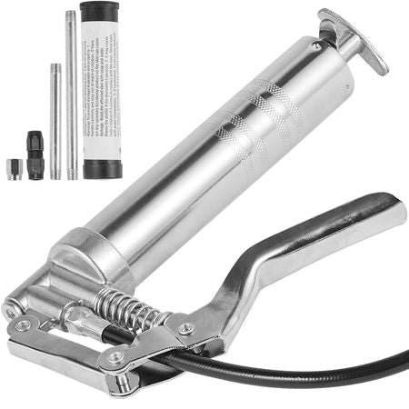 Pistol Grip Grease Gun, 3500 PSI, 4 OZ / 120 CC Capacity Heavy Duty Professional Grease Gun, with 11.65 Inch Flexible Hose 2 Black Flat Couplers, 1 Reinforced Nozzle, and 2 Rigid Metal Pipes