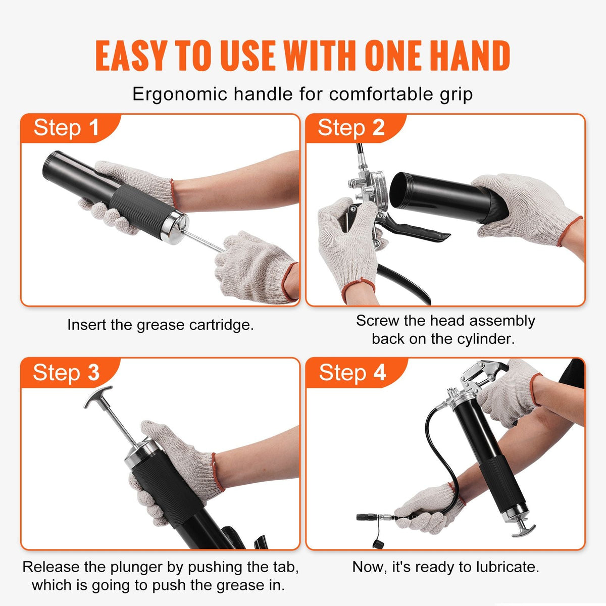 Pistol Grip Grease Gun, 6000 PSI, 14 OZ / 400 CC Capacity Heavy Duty Professional Grease Gun, with 19.69 Inch Flexible Hose 2 Black Flat Couplers, 1 Pointed Coupler, and 2 Rigid Metal Pipe