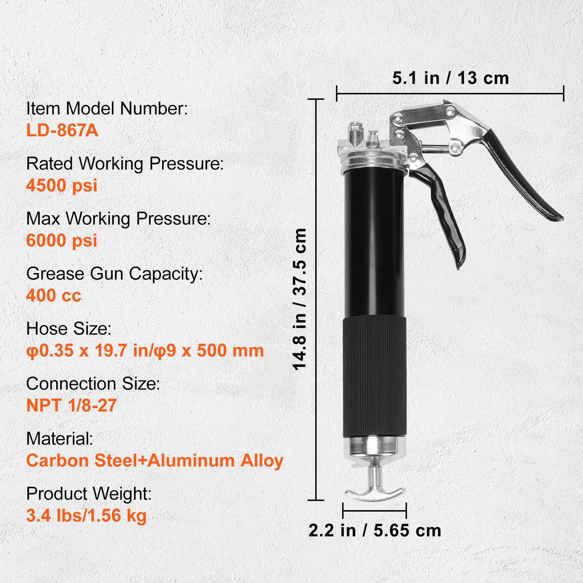 Pistol Grip Grease Gun, 6000 PSI, 14 OZ / 400 CC Capacity Heavy Duty Professional Grease Gun, with 19.69 Inch Flexible Hose 2 Black Flat Couplers, 1 Pointed Coupler, and 2 Rigid Metal Pipe