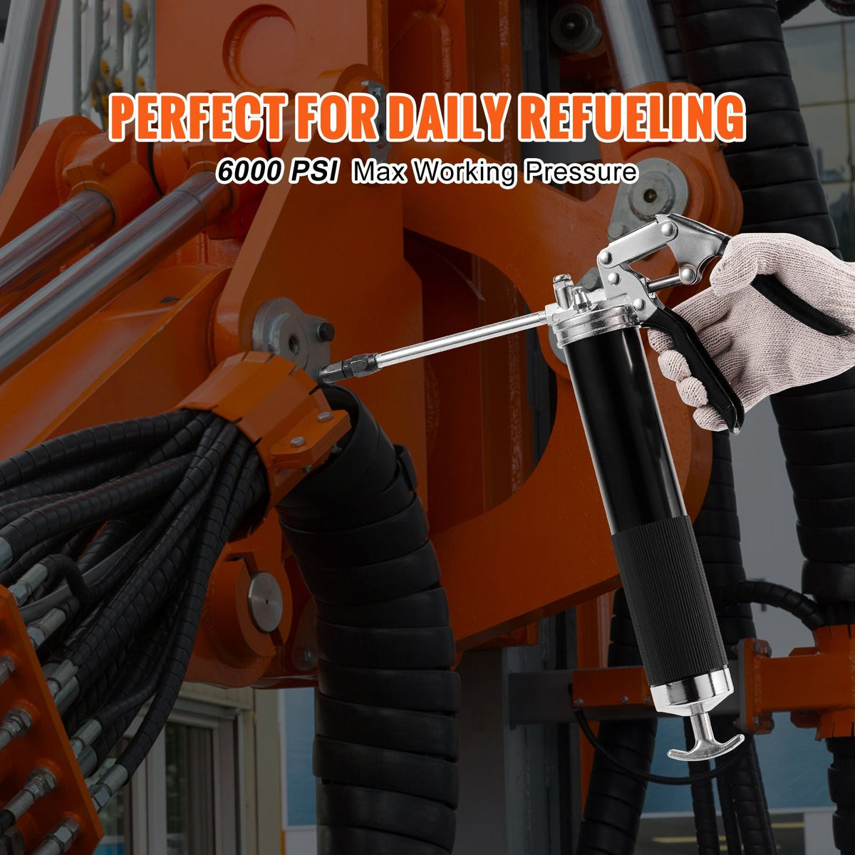 Pistol Grip Grease Gun, 6000 PSI, 14 OZ / 400 CC Capacity Heavy Duty Professional Grease Gun, with 19.69 Inch Flexible Hose 2 Black Flat Couplers, 1 Pointed Coupler, and 2 Rigid Metal Pipe
