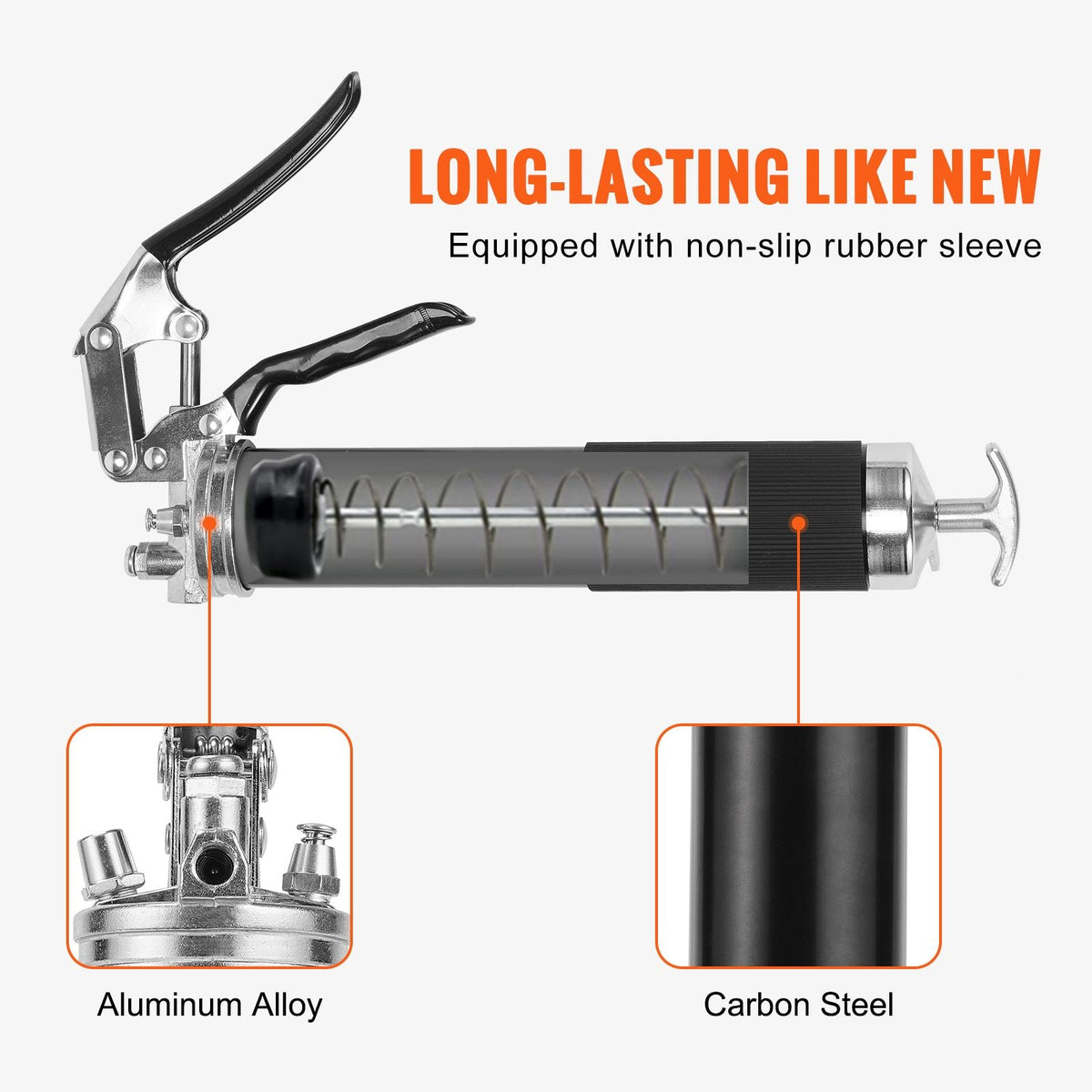 Pistol Grip Grease Gun, 6000 PSI, 14 OZ / 400 CC Capacity Heavy Duty Professional Grease Gun, with 19.69 Inch Flexible Hose 2 Black Flat Couplers, 1 Pointed Coupler, and 2 Rigid Metal Pipe