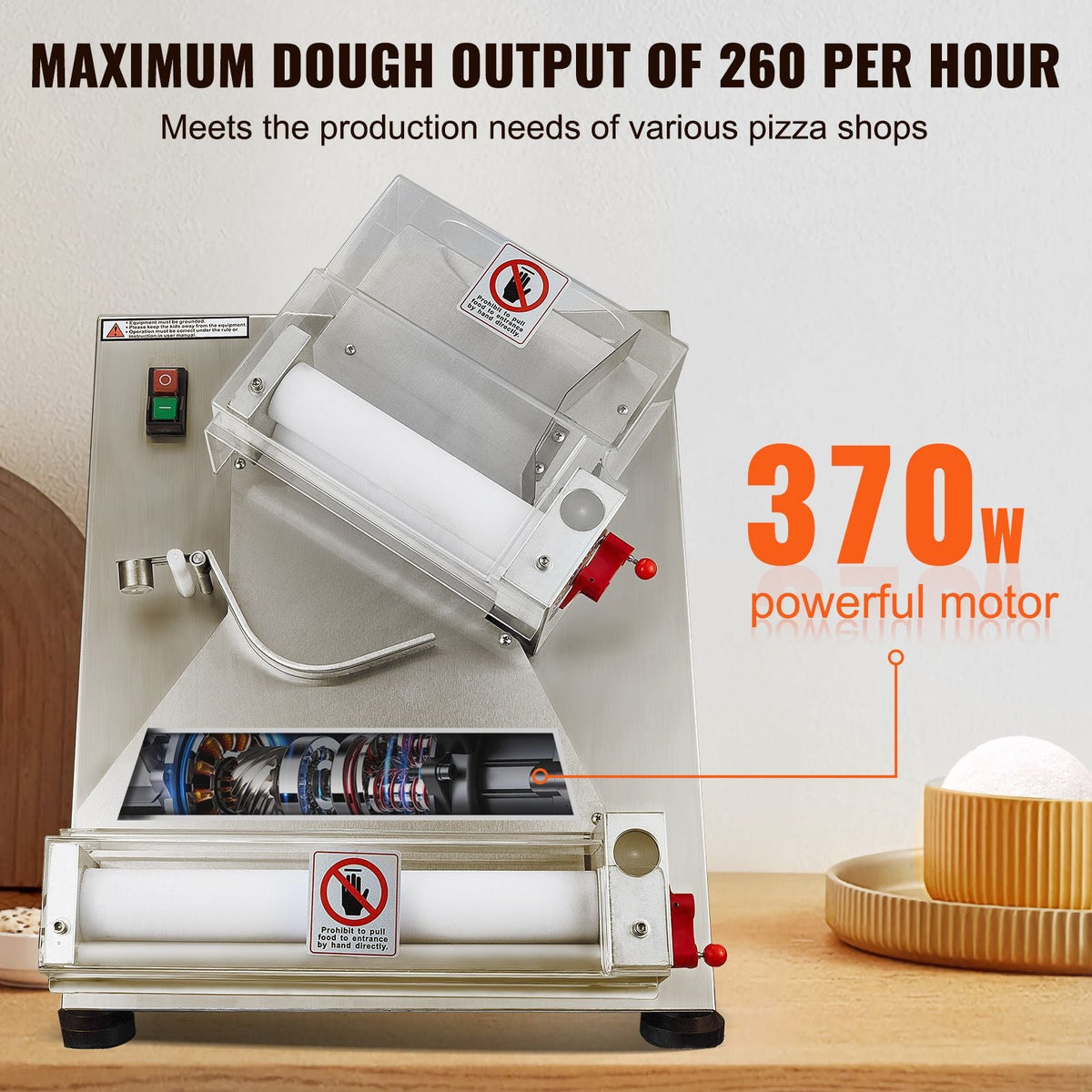 Pizza Dough Roller Sheeter, 3-12 Inch Automatic Commercial Pizza Press, 370W Electric 260 Per Hour Dough Roller, Stainless Steel Adjustable Thickness Dough Machine, for Pasta Maker Equipment