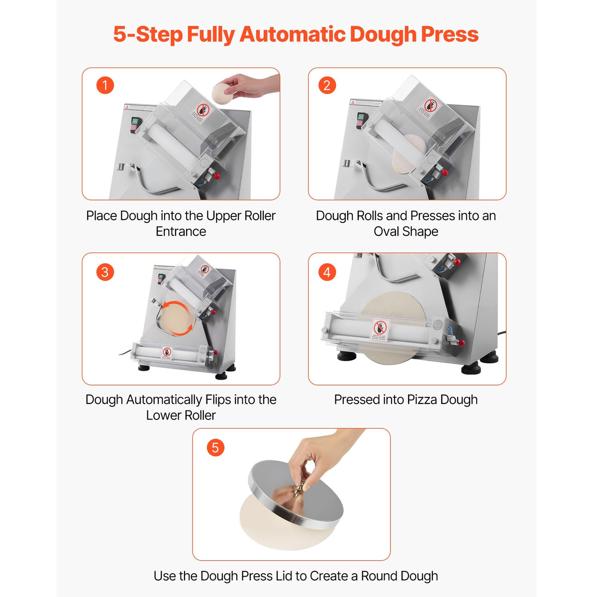 Pizza Dough Roller Sheeter, 3-14 Inch Automatic Stainless Steel Pizza Press, Commercial Electric 370W Pasta Maker Machine, 260 pcs Per Hour, Adjustable Thickness, with Dough Press Lid