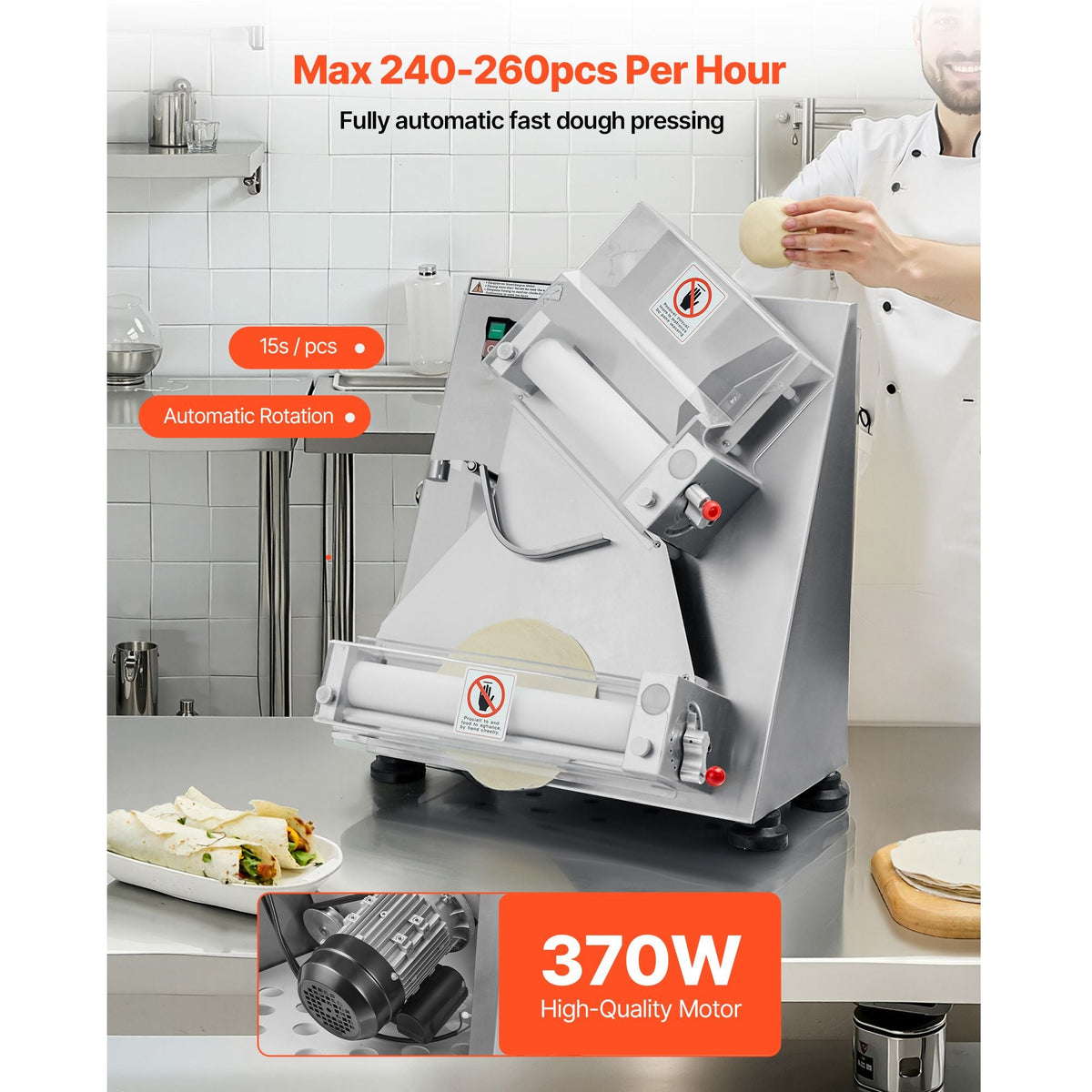 Pizza Dough Roller Sheeter, 3-14 Inch Automatic Stainless Steel Pizza Press, Commercial Electric 370W Pasta Maker Machine, 260 pcs Per Hour, Adjustable Thickness, with Dough Press Lid