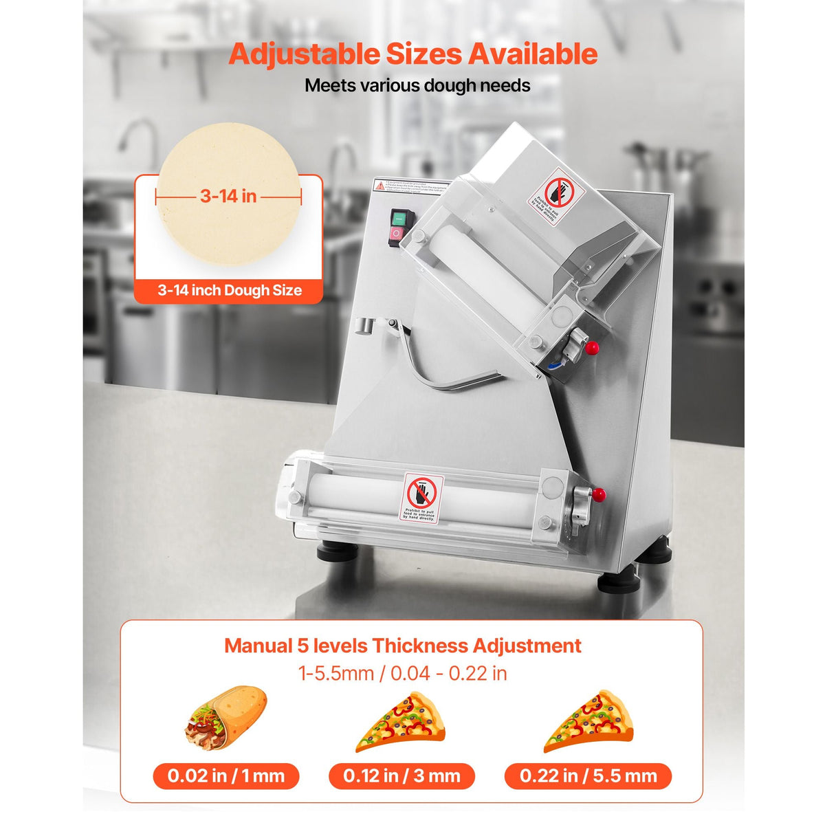 Pizza Dough Roller Sheeter, 3-14 Inch Automatic Stainless Steel Pizza Press, Commercial Electric 370W Pasta Maker Machine, 260 pcs Per Hour, Adjustable Thickness, with Dough Press Lid