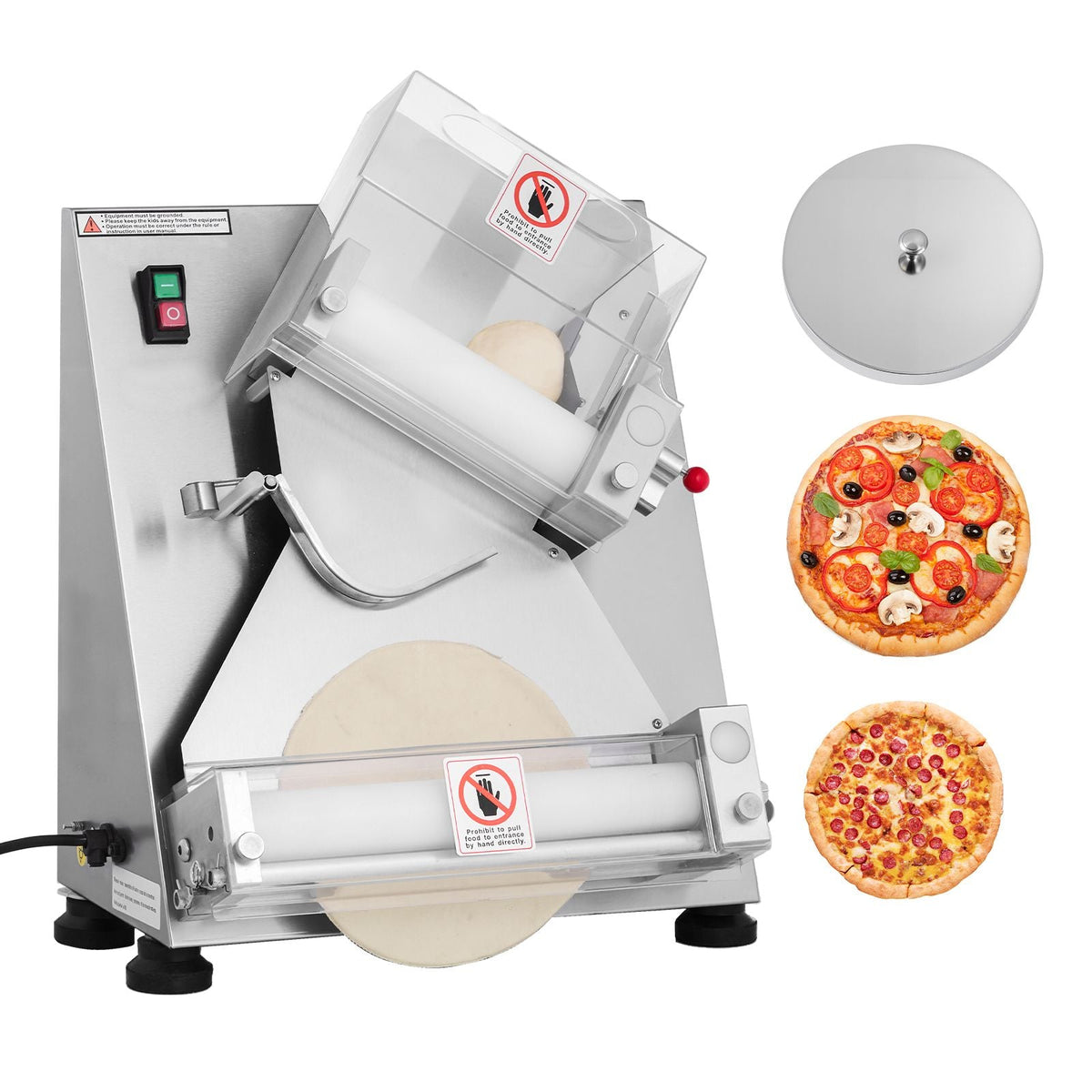 Pizza Dough Roller Sheeter, 3-14 Inch Automatic Stainless Steel Pizza Press, Commercial Electric 370W Pasta Maker Machine, 260 pcs Per Hour, Adjustable Thickness, with Dough Press Lid