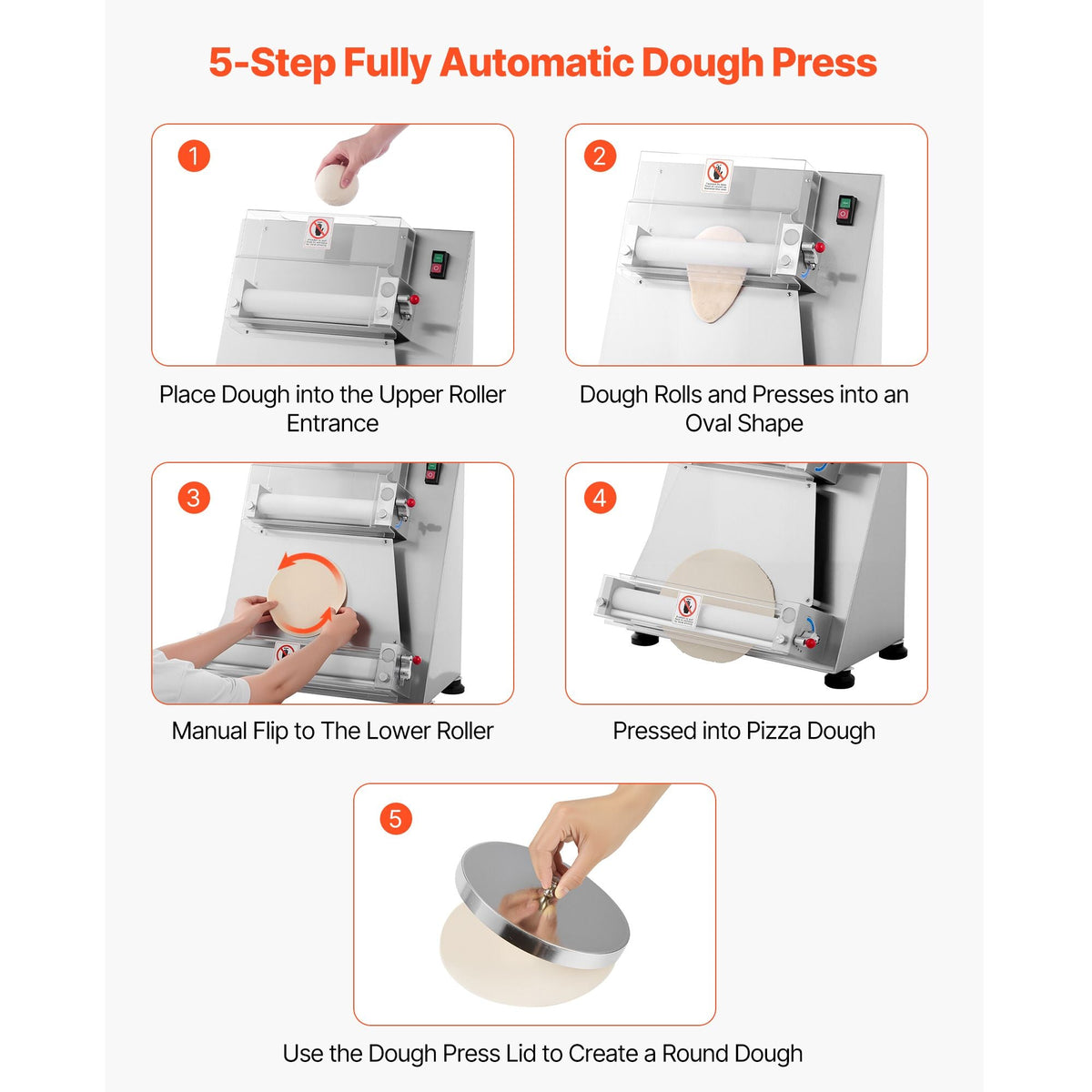 Pizza Dough Roller Sheeter, 3-16 Inch Semi-automatic Stainless Steel Pizza Press, Commercial Electric 390W Pasta Maker Machine, 260 pcs Per Hour, Adjustable Thickness, with Dough Press Lid