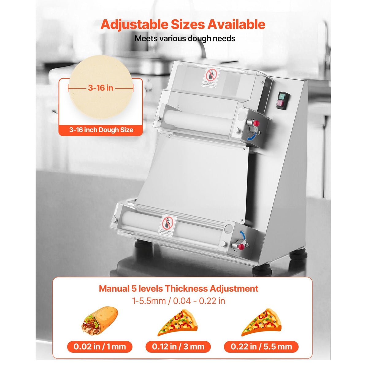 Pizza Dough Roller Sheeter, 3-16 Inch Semi-automatic Stainless Steel Pizza Press, Commercial Electric 390W Pasta Maker Machine, 260 pcs Per Hour, Adjustable Thickness, with Dough Press Lid