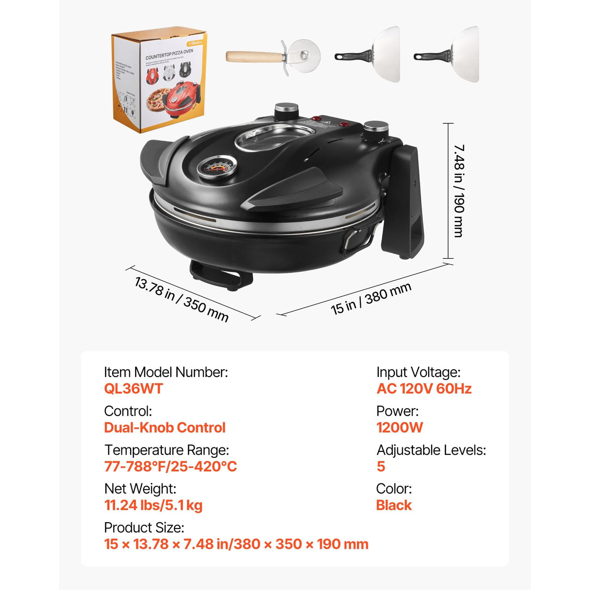 Pizza Oven, 12 in Electric Pizza Maker, 1200W Electric Pizzas Cooker with Cordierite Stone, 5-Mode Temperature Control, Viewing Window for Precise Cooking, Heats up to 788 ˚F, for Home (Black)
