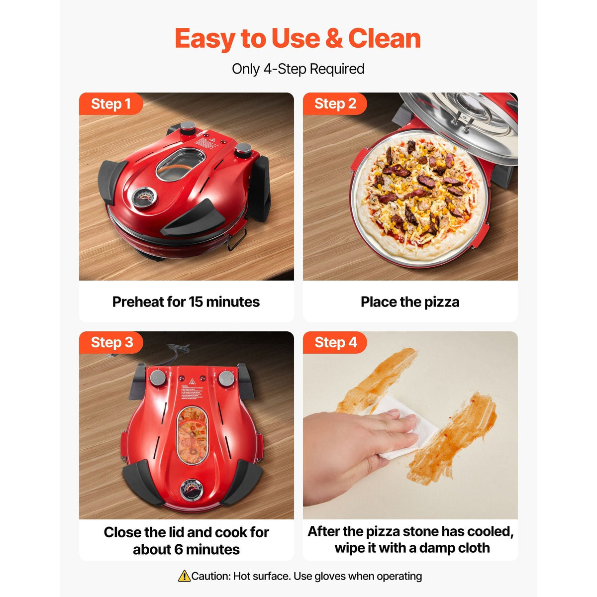 Pizza Oven, 12 in Electric Pizza Maker, 1200W Electric Pizzas Cooker with Cordierite Stone, 5-Mode Temperature Control, Viewing Window for Precise Cooking, Heats up to 788 ˚F, for Home (Red)