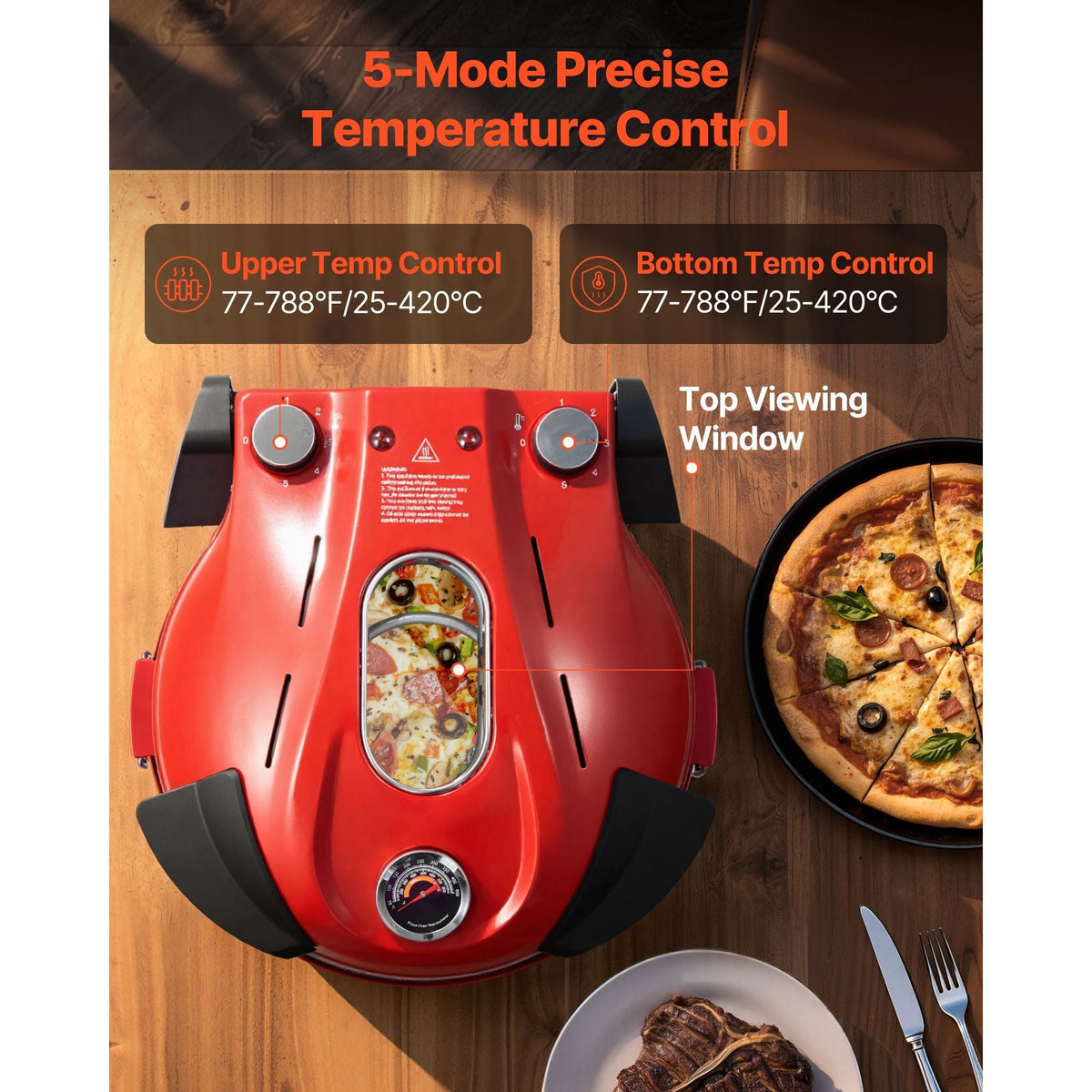 Pizza Oven, 12 in Electric Pizza Maker, 1200W Electric Pizzas Cooker with Cordierite Stone, 5-Mode Temperature Control, Viewing Window for Precise Cooking, Heats up to 788 ˚F, for Home (Red)