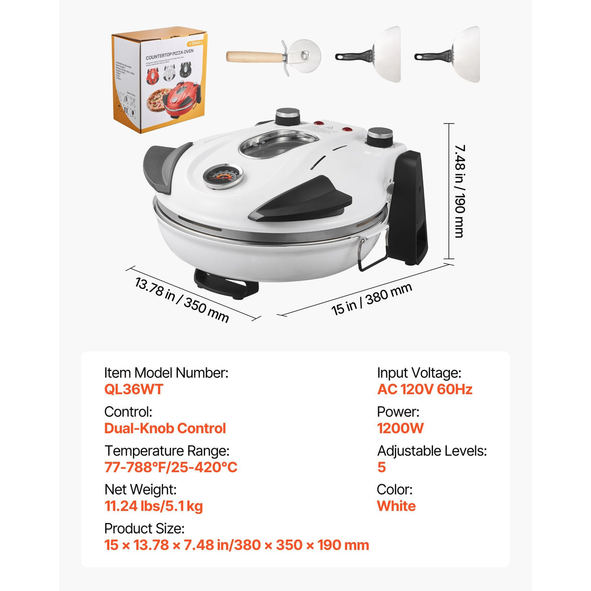 Pizza Oven, 12 in Electric Pizza Maker, 1200W Electric Pizzas Cooker with Cordierite Stone, 5-Mode Temperature Control, Viewing Window for Precise Cooking, Heats up to 788 ˚F, for Home (White)