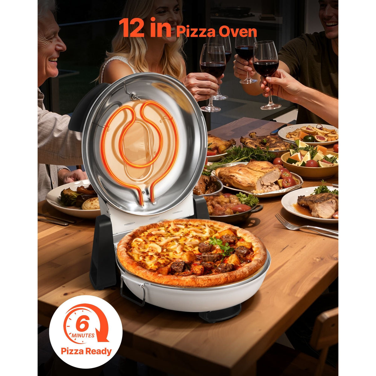 Pizza Oven, 12 in Electric Pizza Maker, 1200W Electric Pizzas Cooker with Cordierite Stone, 5-Mode Temperature Control, Viewing Window for Precise Cooking, Heats up to 788 ˚F, for Home (White)