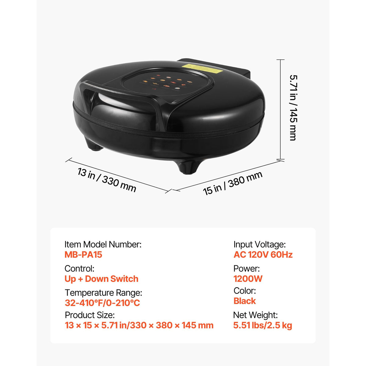 Pizza Oven, 12 in Electric Pizza Maker, 1200W Electric Pizzas Cooker with Non-Stick Coating, 180° Open for Dual Side Baking, Heats up to 410 ˚F, Multi-Function Cooking, for Pizzas, Barbecue