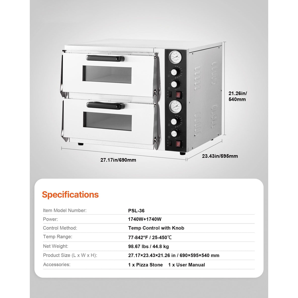 Pizza Oven Electric, 18" Double-Deck Commercial Countertop Pizza Oven, 842 Fahrenheit Max Temp, Indoor Pizza Maker with Thermometer, Independent Upper & Lower Temp Control & Timer