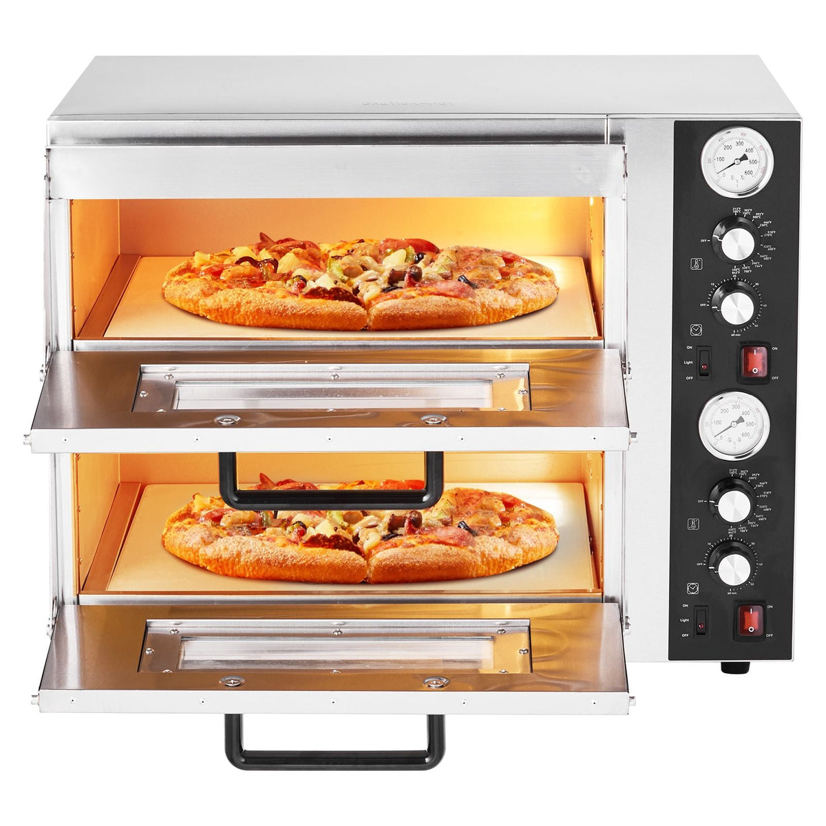 Pizza Oven Electric, 18" Double-Deck Commercial Countertop Pizza Oven, 842 Fahrenheit Max Temp, Indoor Pizza Maker with Thermometer, Independent Upper & Lower Temp Control & Timer
