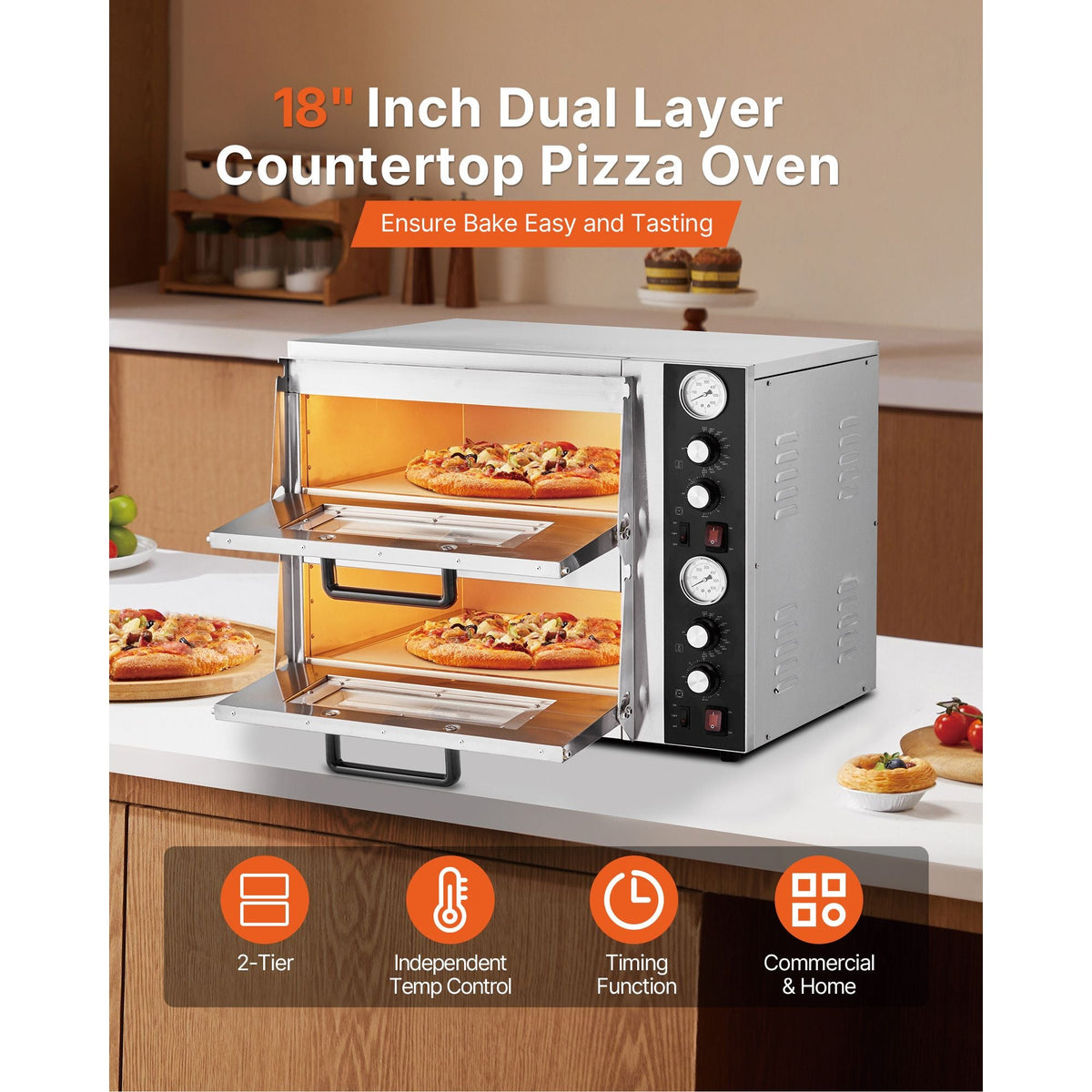 Pizza Oven Electric, 18" Double-Deck Commercial Countertop Pizza Oven, 842 Fahrenheit Max Temp, Indoor Pizza Maker with Thermometer, Independent Upper & Lower Temp Control & Timer