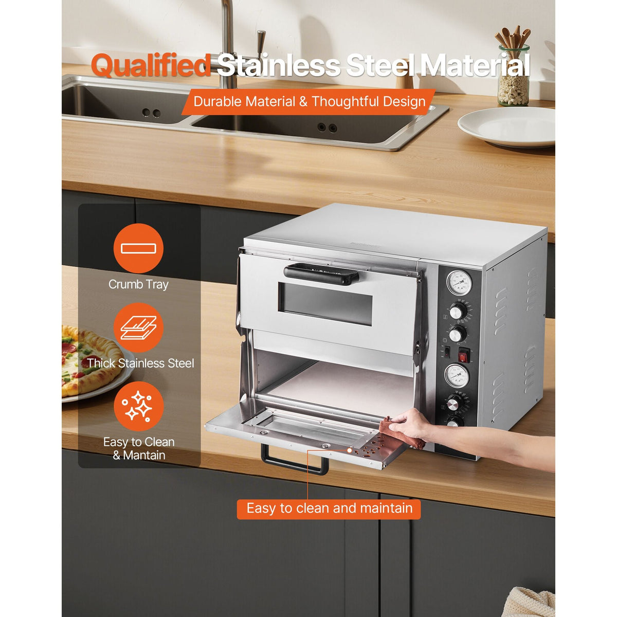 Pizza Oven Electric, 18" Double-Deck Commercial Countertop Pizza Oven, 842 Fahrenheit Max Temp, Indoor Pizza Maker with Thermometer, Independent Upper & Lower Temp Control & Timer