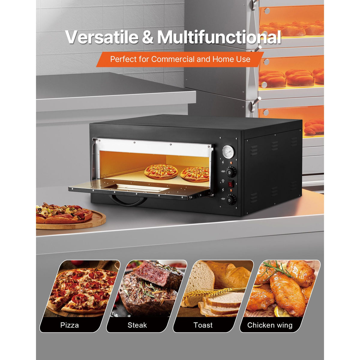 Pizza Oven Electric, 24" Commercial Countertop Pizza Oven, 842 Fahrenheit Max Temp, 4200W Indoor Pizza Maker with Thermometer, Dual Temp Control Knob, Even Heat Pizza Cooker