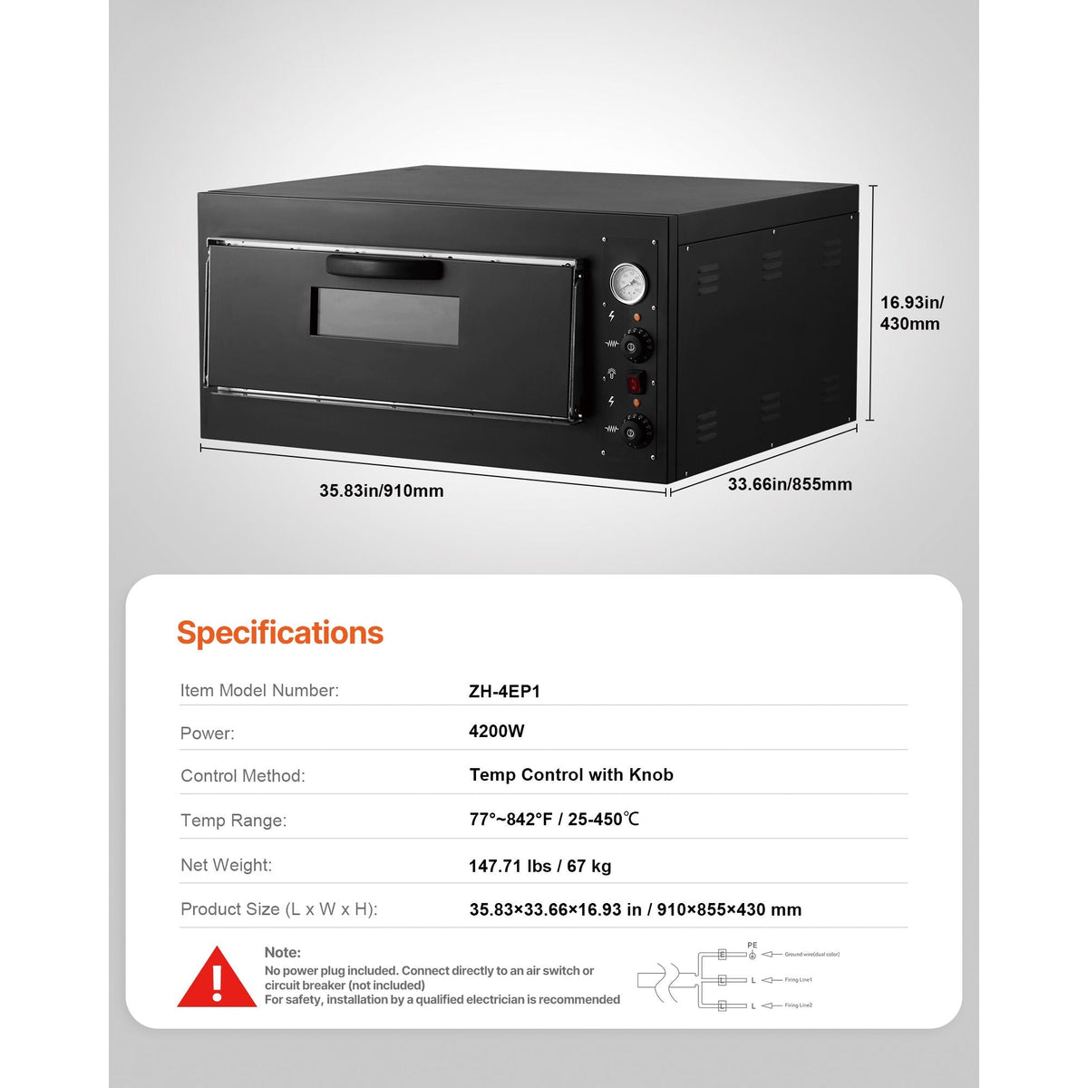 Pizza Oven Electric, 24" Commercial Countertop Pizza Oven, 842 Fahrenheit Max Temp, 4200W Indoor Pizza Maker with Thermometer, Dual Temp Control Knob, Even Heat Pizza Cooker