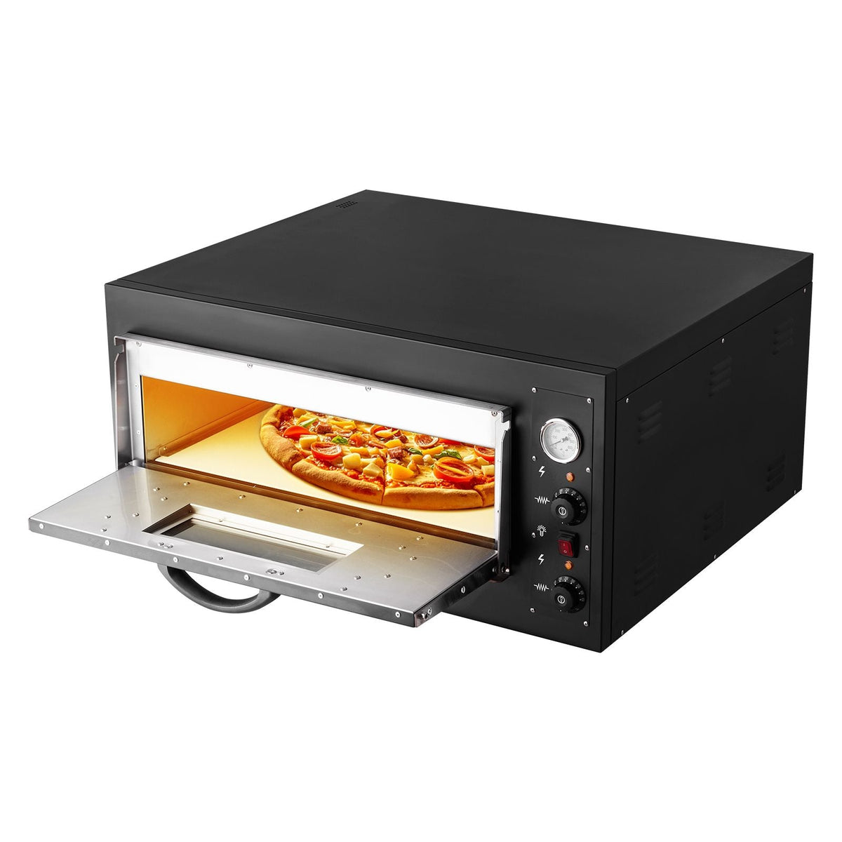 Pizza Oven Electric, 24" Commercial Countertop Pizza Oven, 842 Fahrenheit Max Temp, 4200W Indoor Pizza Maker with Thermometer, Dual Temp Control Knob, Even Heat Pizza Cooker