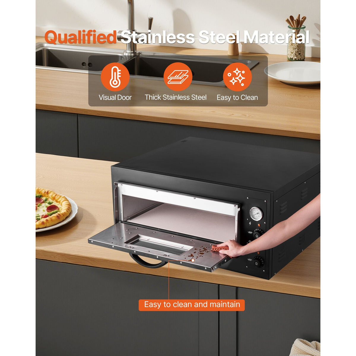 Pizza Oven Electric, 24" Commercial Countertop Pizza Oven, 842 Fahrenheit Max Temp, 4200W Indoor Pizza Maker with Thermometer, Dual Temp Control Knob, Even Heat Pizza Cooker