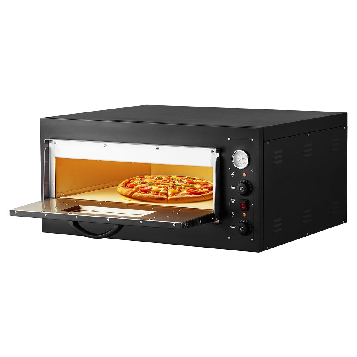 Pizza Oven Electric, 24" Commercial Countertop Pizza Oven, 842 Fahrenheit Max Temp, 4200W Indoor Pizza Maker with Thermometer, Dual Temp Control Knob, Even Heat Pizza Cooker