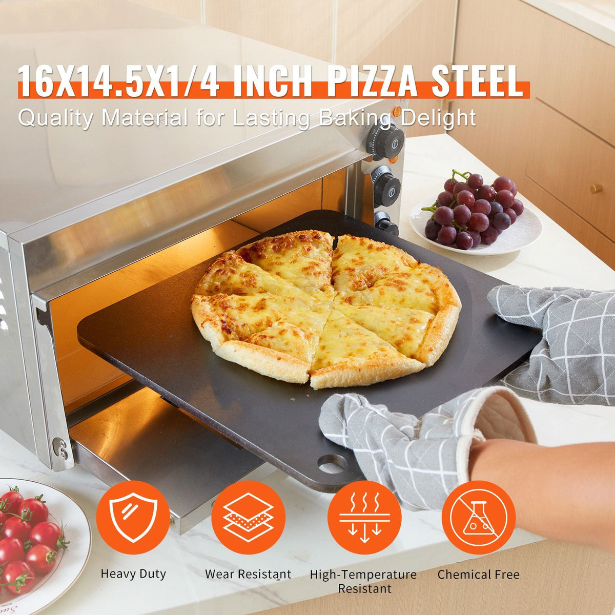 Pizza Steel, 16" x 14.5" x 1/4" Pizza Steel Plate for Oven, Pre-Seasoned Carbon Steel Pizza Baking Stone with 20X Higher Conductivity, Heavy Duty Pizza Pan for Outdoor Grill, Indoor Oven