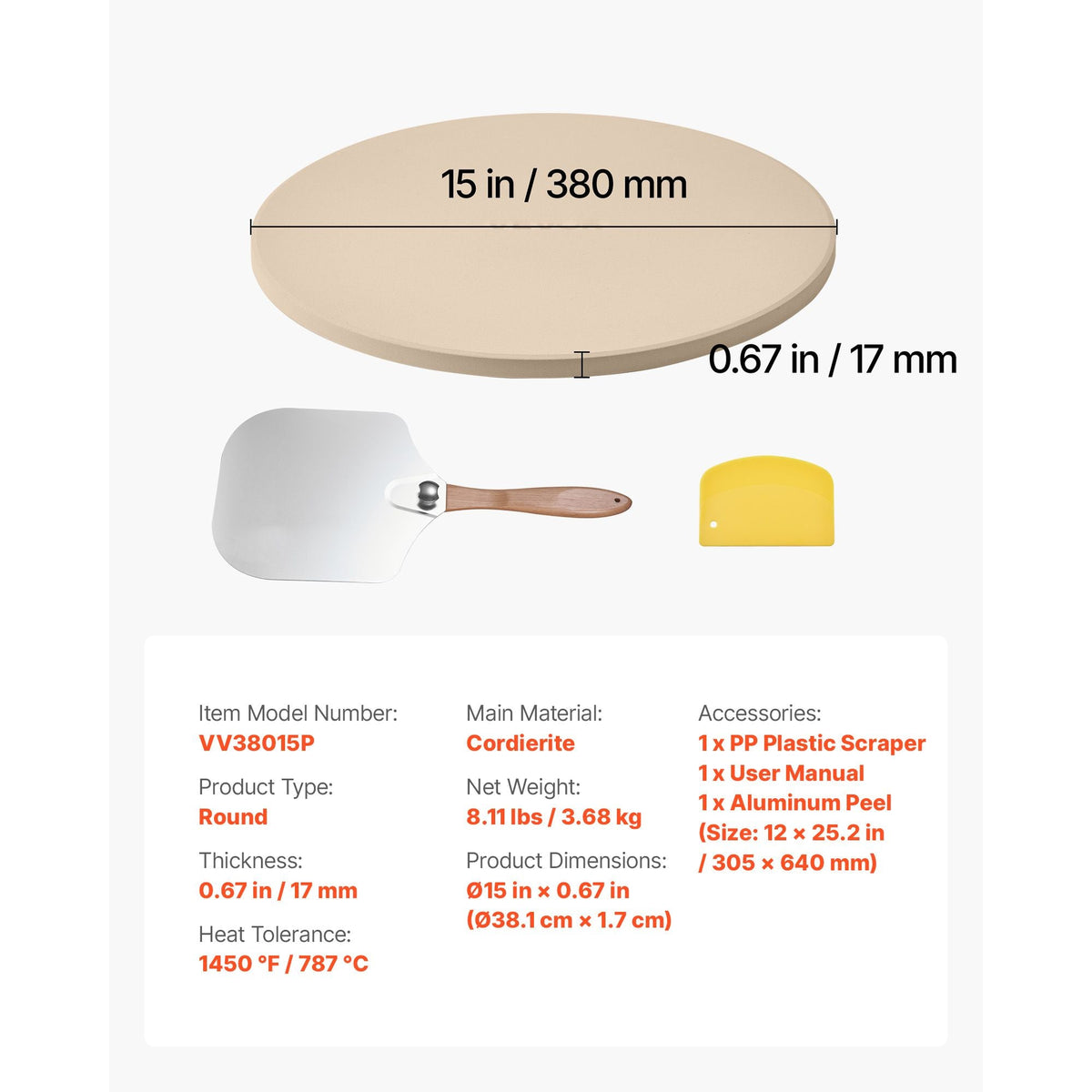 Pizza Stone, 15 in Round Pizza Stone, 0.67 in Large Cordierite Baking-Stone with Metal Peel, Scrape, 1450Fahrenheit Heat-Resistant Cooking Stones, for Kitchen Oven, Baking Pizzas, BBQ Grilling
